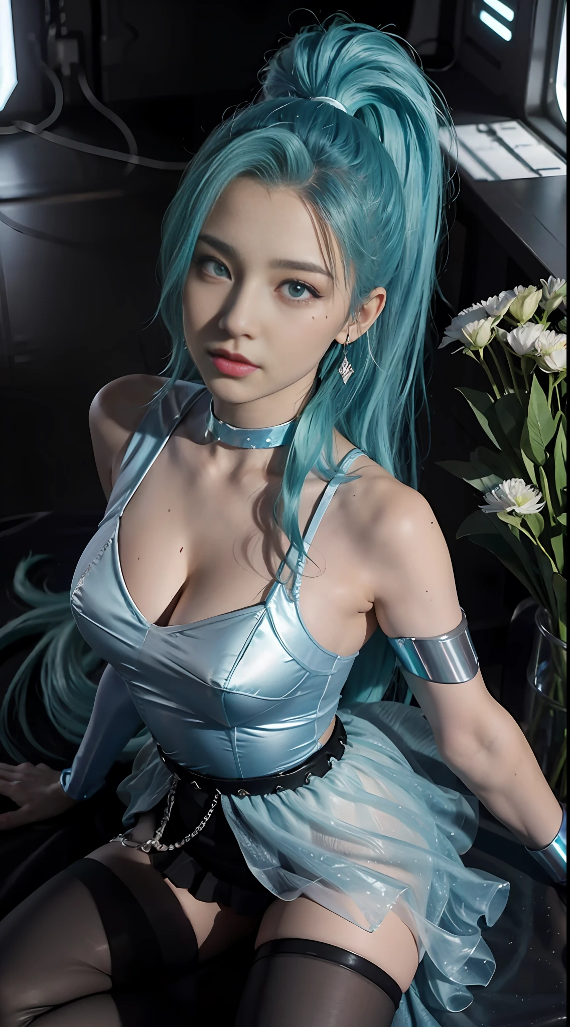 Sky, Field, Wheat, K/Da All Out Seraphine), League of Legends, K/Da \ (League of Legends), 1Girl, Solo, Aqua Green Hair, Gradient Hair, Blue Eyes, Lips, Long Hair, Long Ponytail, Ponytail, Earrings, Jewelry, Armbands, Bracelet, Ice Wings, Blue Dress, Layered Clothes, Black Skirt, One Shoulder Off-the-Shoulder, Cleavage, Stockings, Look to the Audience, Shoot from Above, Look at the Audience, Good-looking Chest, Cleavage, Black Stockings