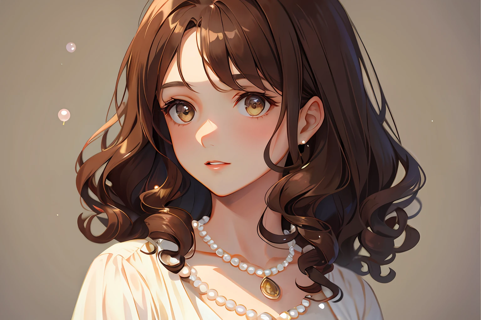 1 girl, elegant girl, brown hair, curly hair, pearl necklace, vintage style, soft, hazel eyes, looking away from viewer, headshot, portrait