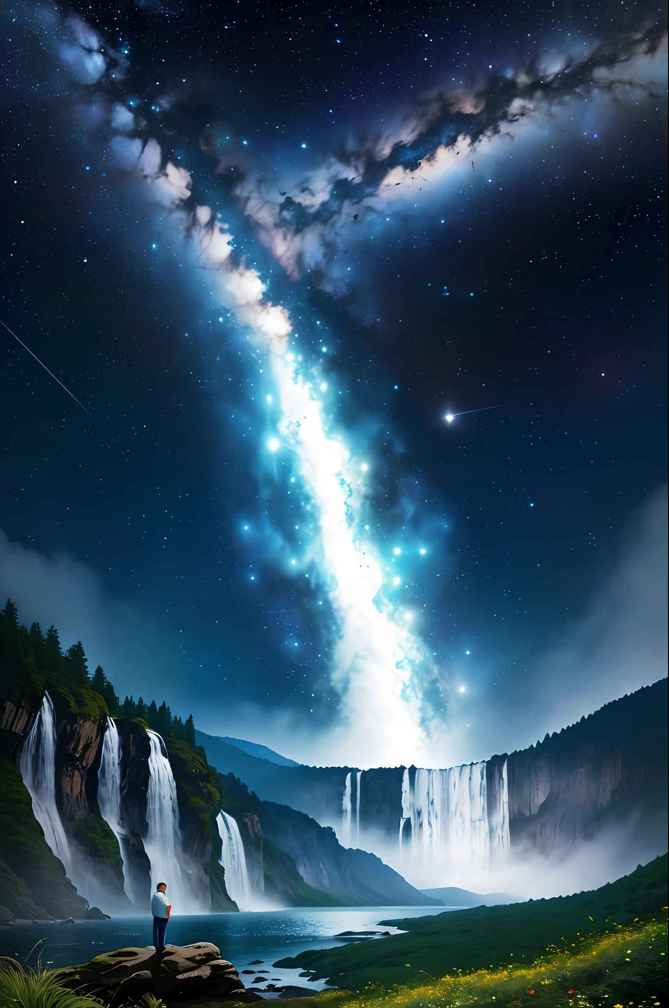 Create image, nature, waterfall and eat phrase inside. Psalm 147:4 says, "He counts the number of the stars; call them all by their names." This verse highlights the power and greatness of God, who is able to count and name all the stars. It demonstrates God's knowledge and care for all creation. It is a reminder that God is infinitely wise and powerful, able to control and govern every detail of the universe.