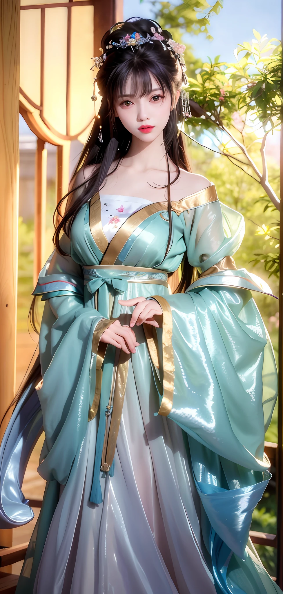 Best quality, pretty, pretty, pretty, pretty, extremely detailed, unity, 8k fine wallpaper, fine details, masterpiece, best quality, official art, very detailed, very ridiculous, high resolution, very beautiful, beautiful eye and face details, movie lights, 1 girl, perspective, looking at the audience, full body, full body photo, outdoors, hands behind your back, (Hanfu