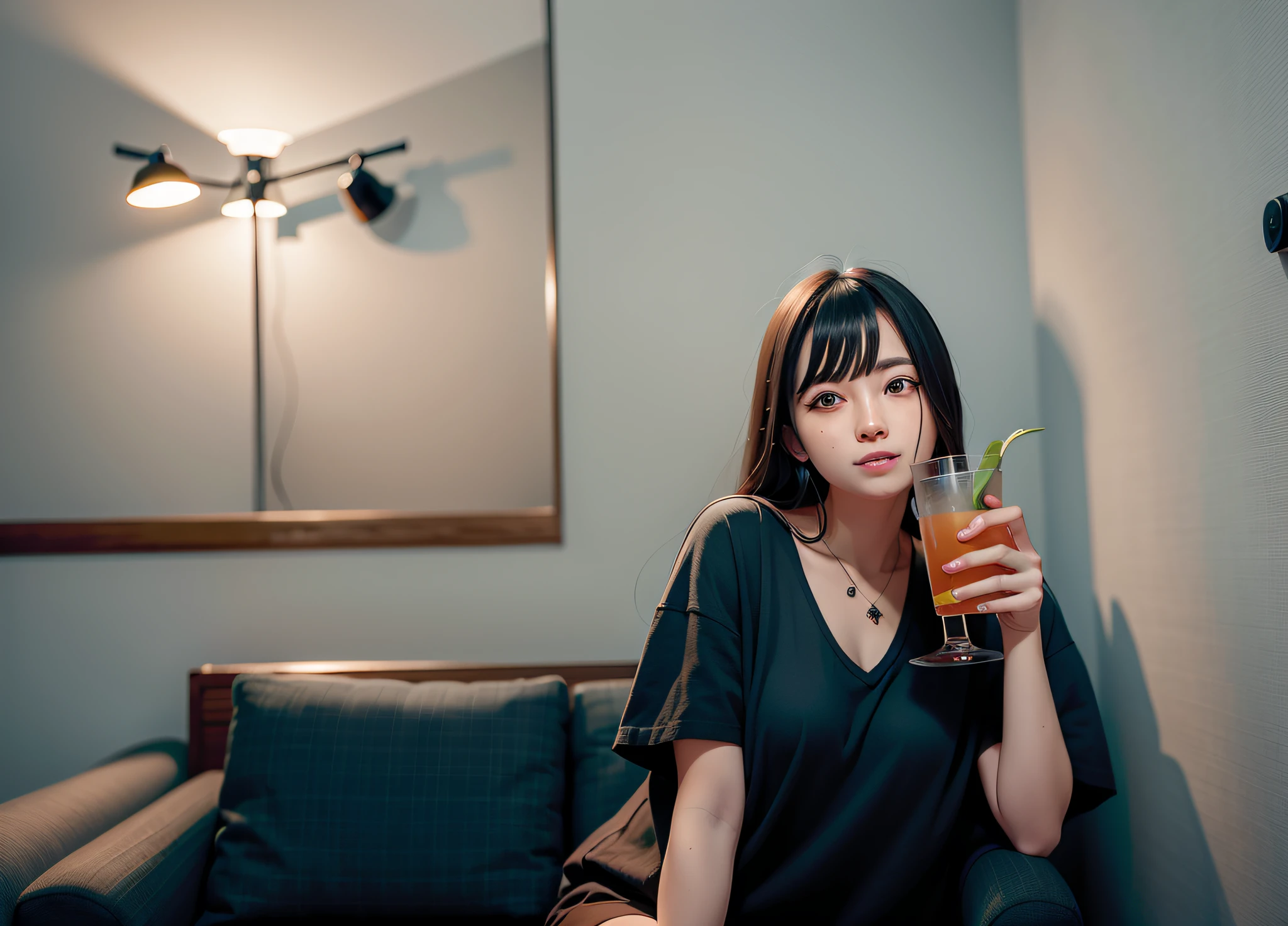 Woman sitting on couch, holding a drink in the room, holding a drink, anime, 25-year-old delicate face, anime girl