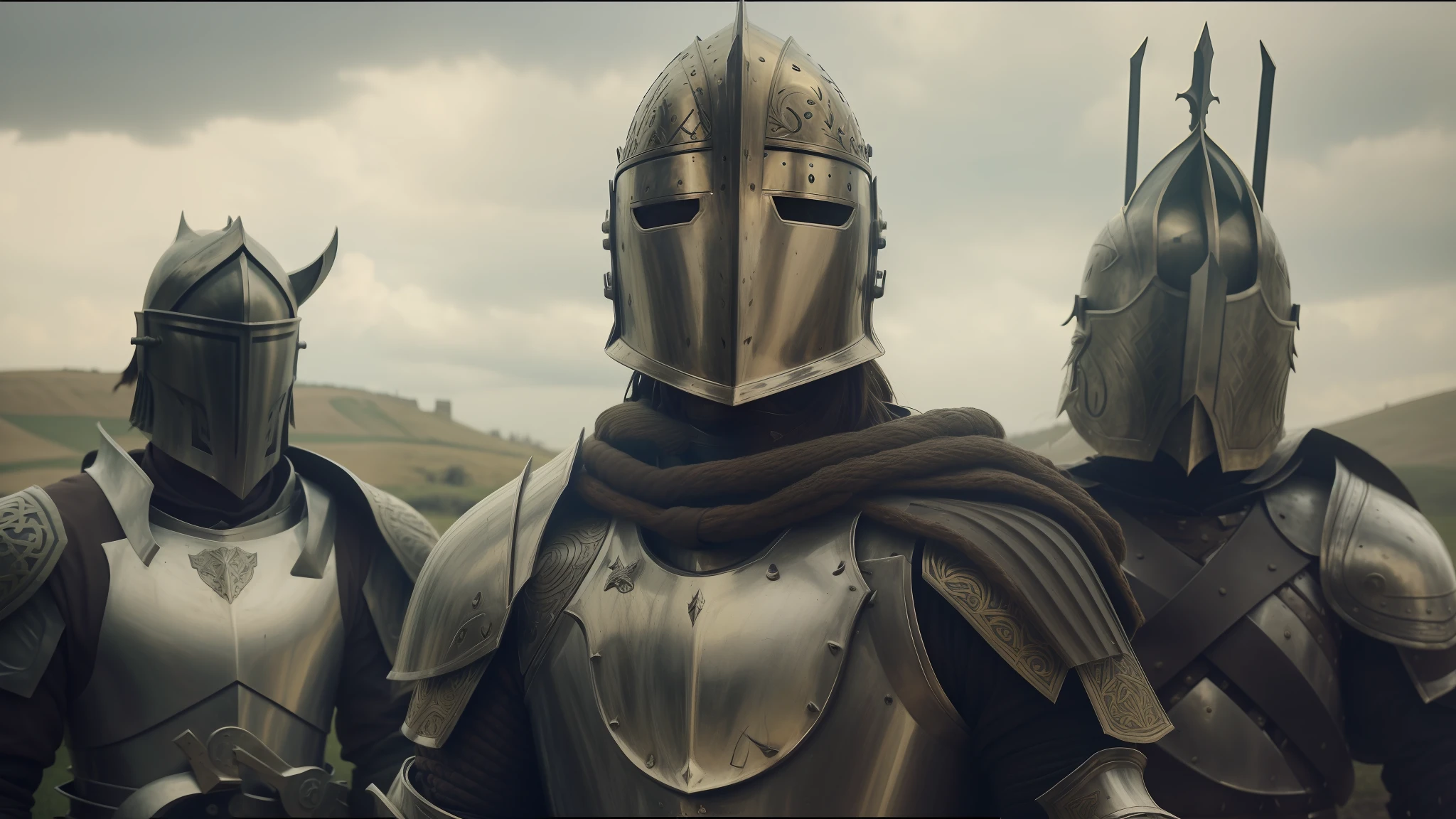 There are three men in armor together in one field, highly detailed surreal VFX, CGI 8K, Medieval Crusader Saint, Wlop and Andrei Ryabovitchev, Wastelands, Paladin!, ComixWave movies, anamorphic flames, Brotherhood of Darkness, Vikings, Jerusalem, CGSOCIETY 9, ornate bat-wing dramatic helmet