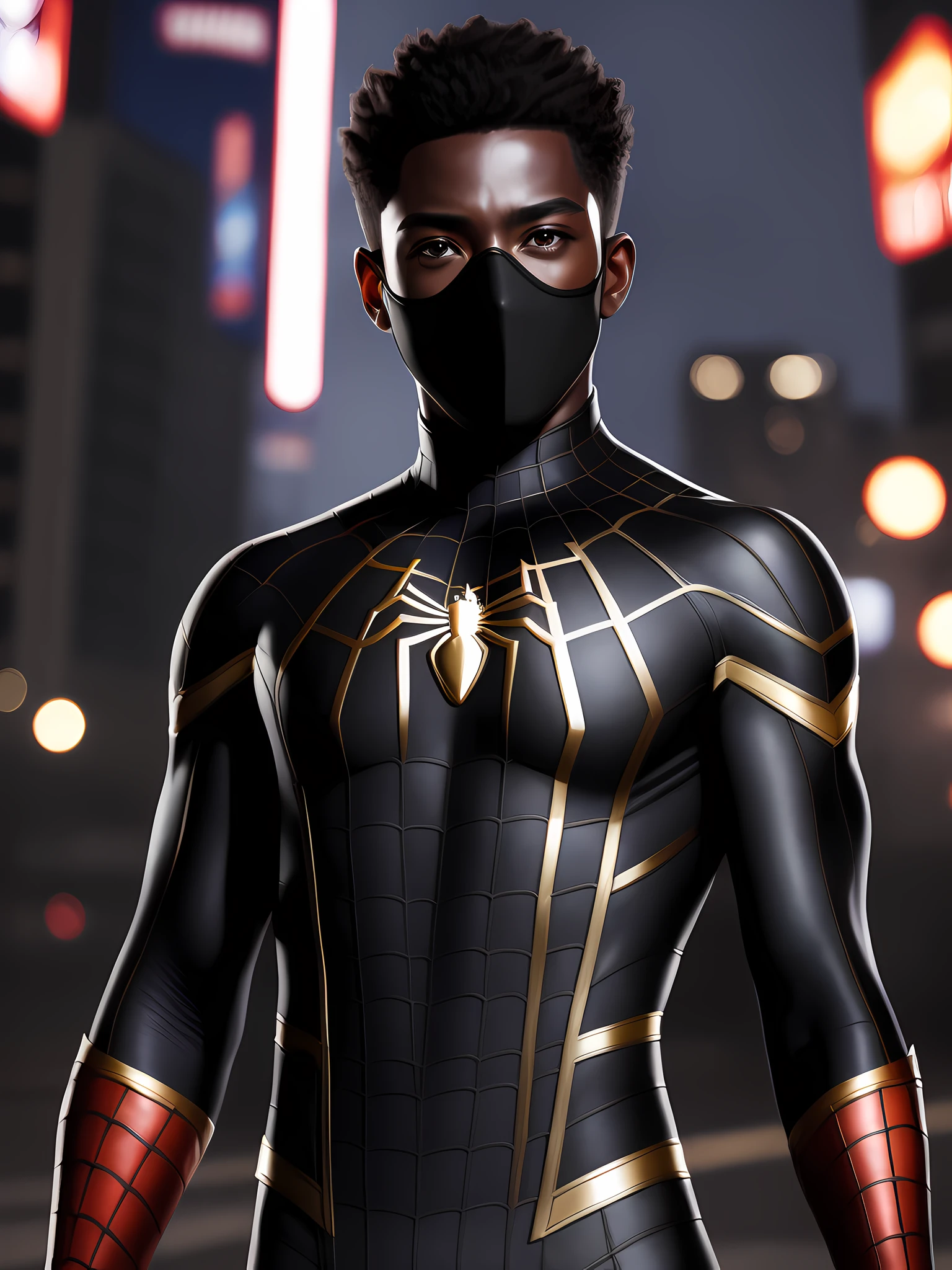 spider man black face photos RAW, 8K, highest quality, ultra-high resolution, beautiful detailed faces, real human skin, soft expressions, front view, bottom angle, realistic, photorealistic, beautiful, full body,