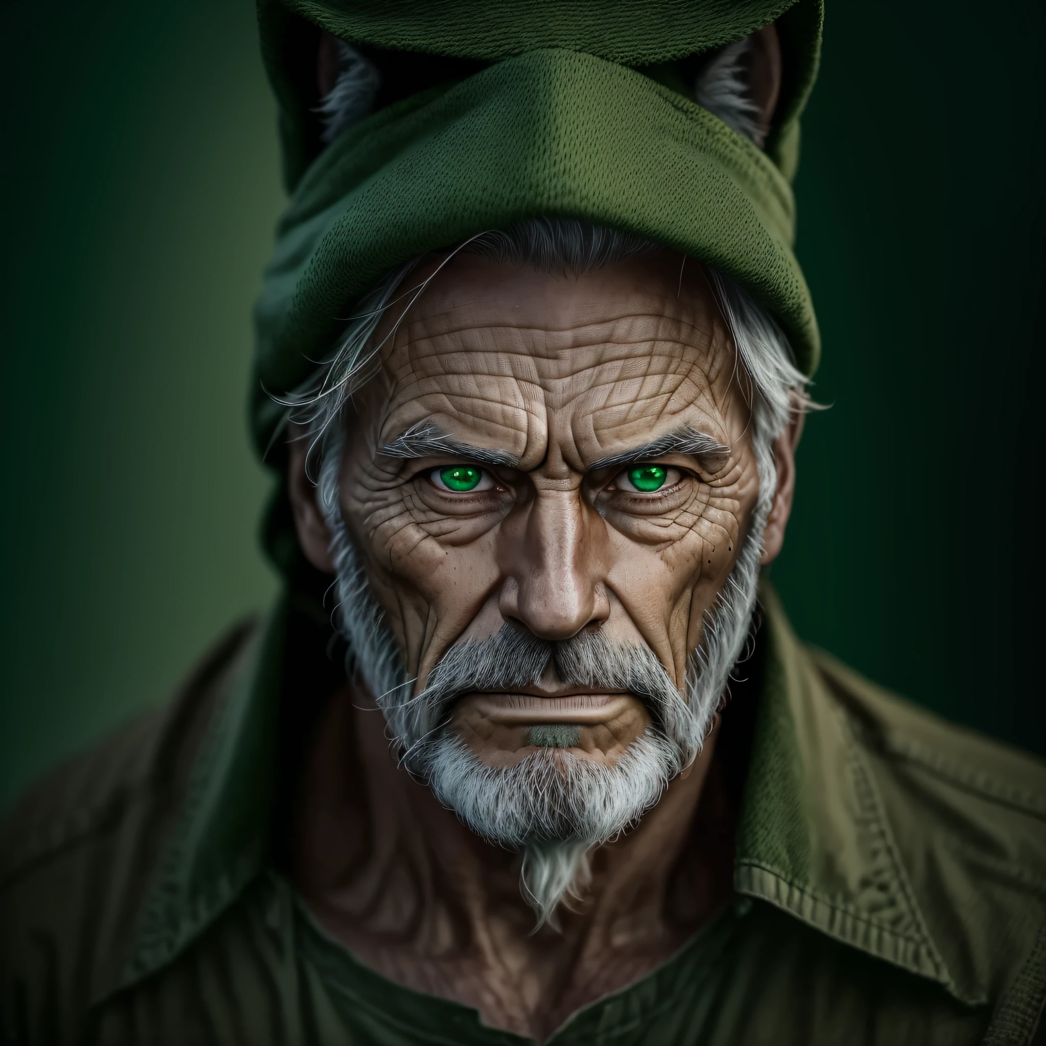 a man's face. Man aged approximately 50 years. Man wearing hunter's clothing. Realistic image. green and piercing eyes. Face bruised by wolf claws. --auto --s2