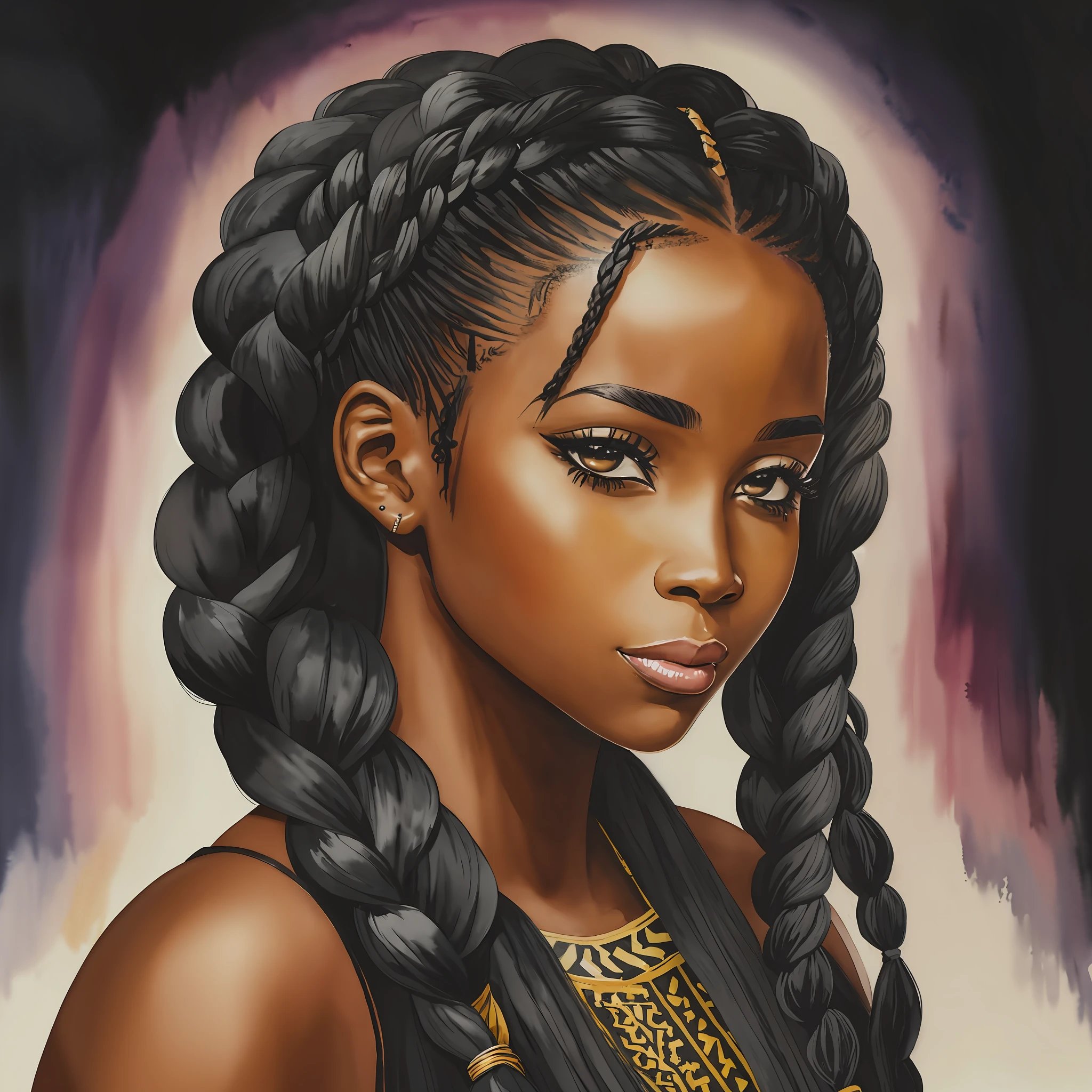 black african american woman beautiful girl side face, painting watercolor style long hair, braids, cornrowsm plaits, nikon dslr; scar, black mist pro lens filter, dark bacground; 4k --ar 4:5 --auto --s2