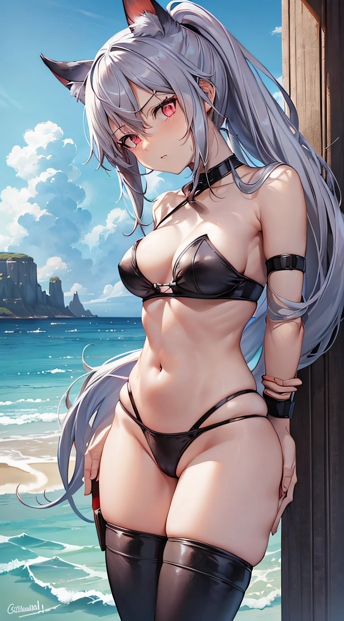 Movie angle, depth of field, (view viewer), (right foreground: 1), (standing photo: 1), cat ears girl, (solo), silver hair, (white skin: 1), (curvaceous: 1.2), (wide hips: 1.1), cat eared girl, (beautiful beach background), (coast background: 1.4), (coast background: 1.4), (red clothes), (bare shoulders, red micro bikini), (T-back panties: 1.2), (glove armor: 1.2), sharp claws, detailed horns, choker, thigh boots, (ponytail, hair between the eyes), (silver-haired), red eyes), (flat chest: 1.2), expressionless, stunned, sleepy, wakame