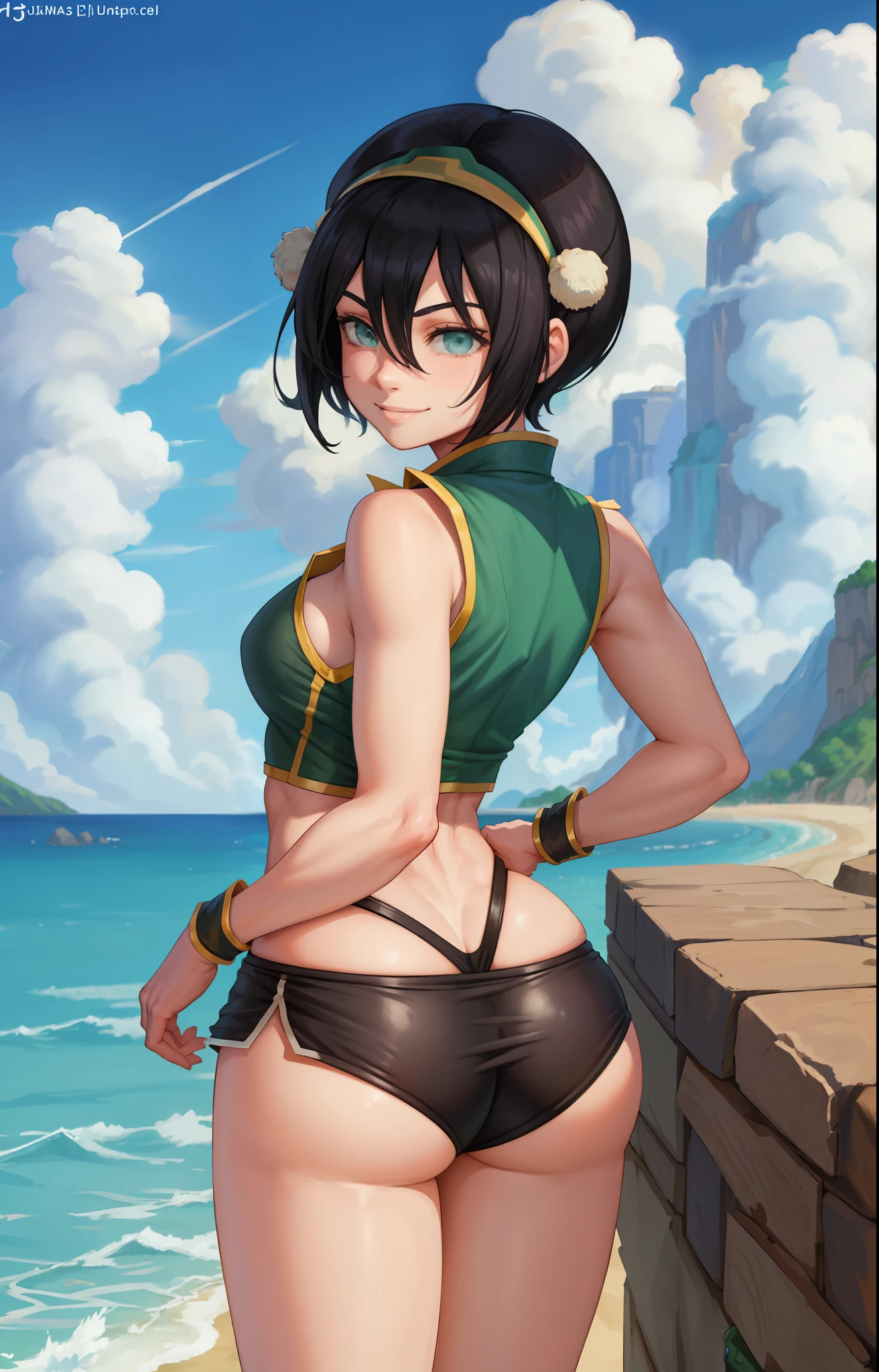 anime coloring pages, beach, blue sky, nature, 1girl, solo, black hair, hair band, short hair, hair between eyes, (blind: 1,2), green eyes, sports top, cleavage, (short shorts, black shorts), standing, back, smile, wide hips, firm ass