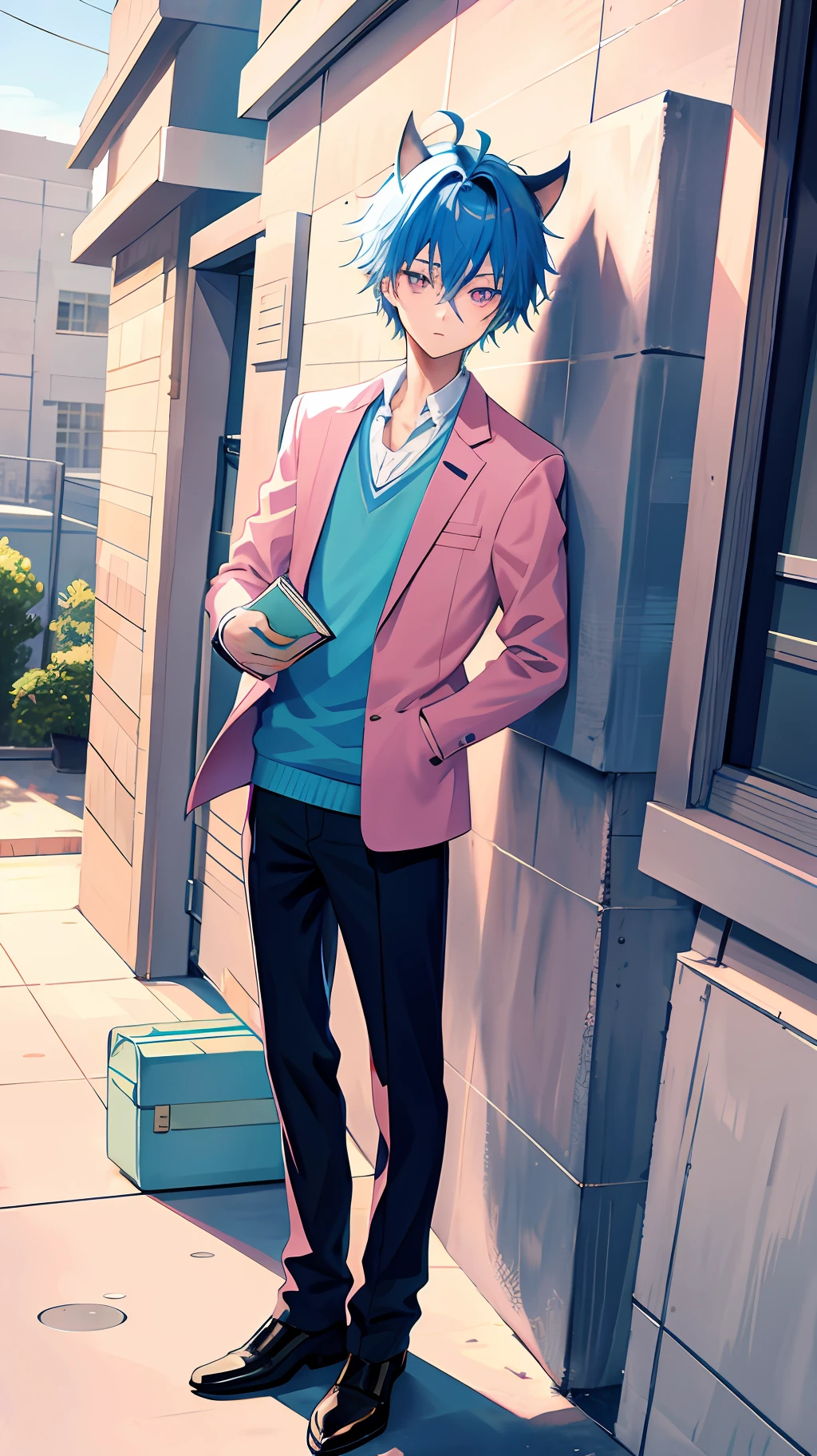 1 boy, anime style, spiky hair, blue hair, cat ears, school uniform, cute, pink eyes, holding a book, full body, sketch
