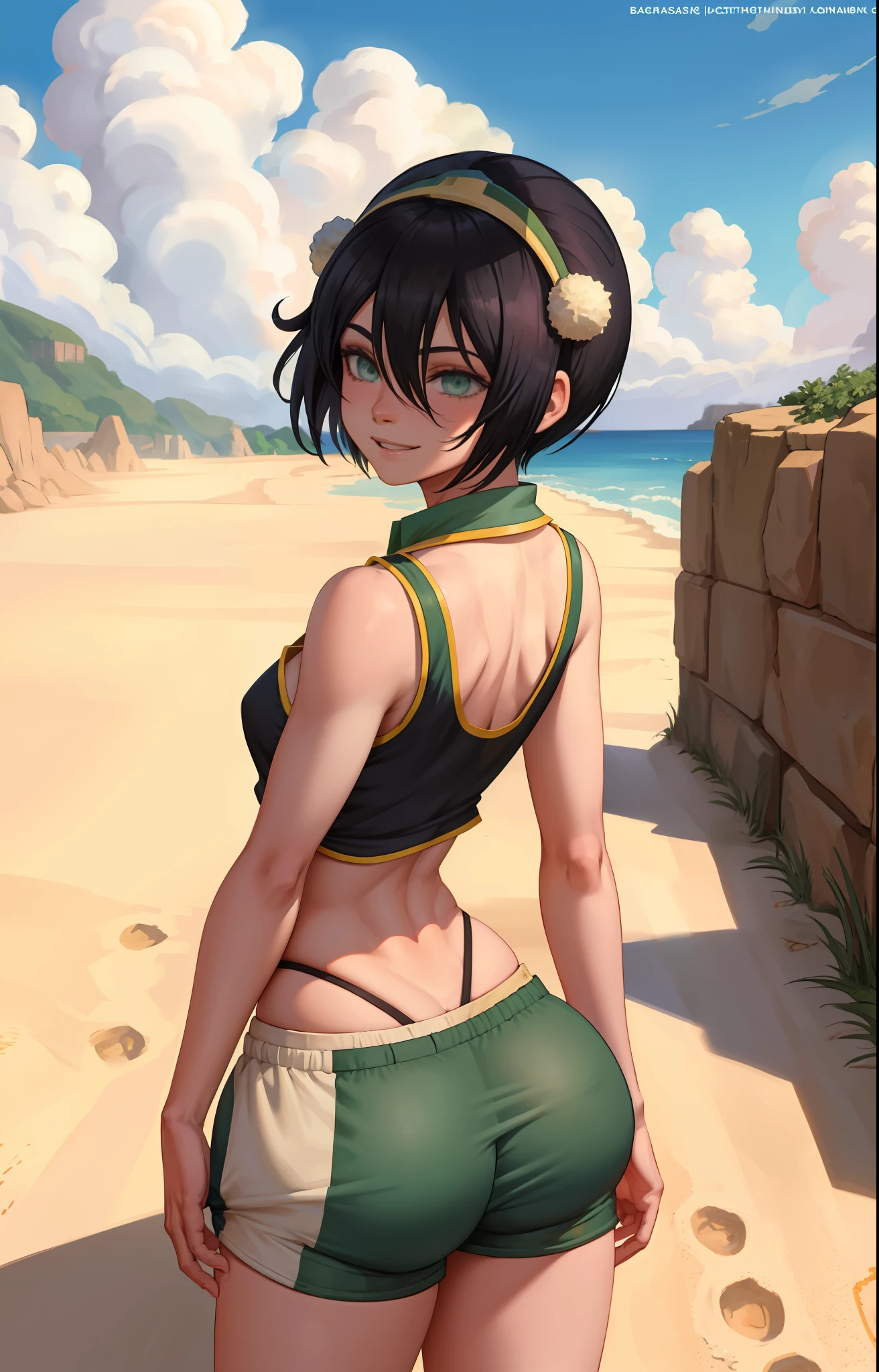 anime coloring pages, beach, blue sky, nature, 1girl, solo, black hair, hair band, short hair, hair between eyes, (blind: 1,2), green eyes, sports top, cleavage, (short shorts, black shorts), standing, back, smile, wide hips, firm ass