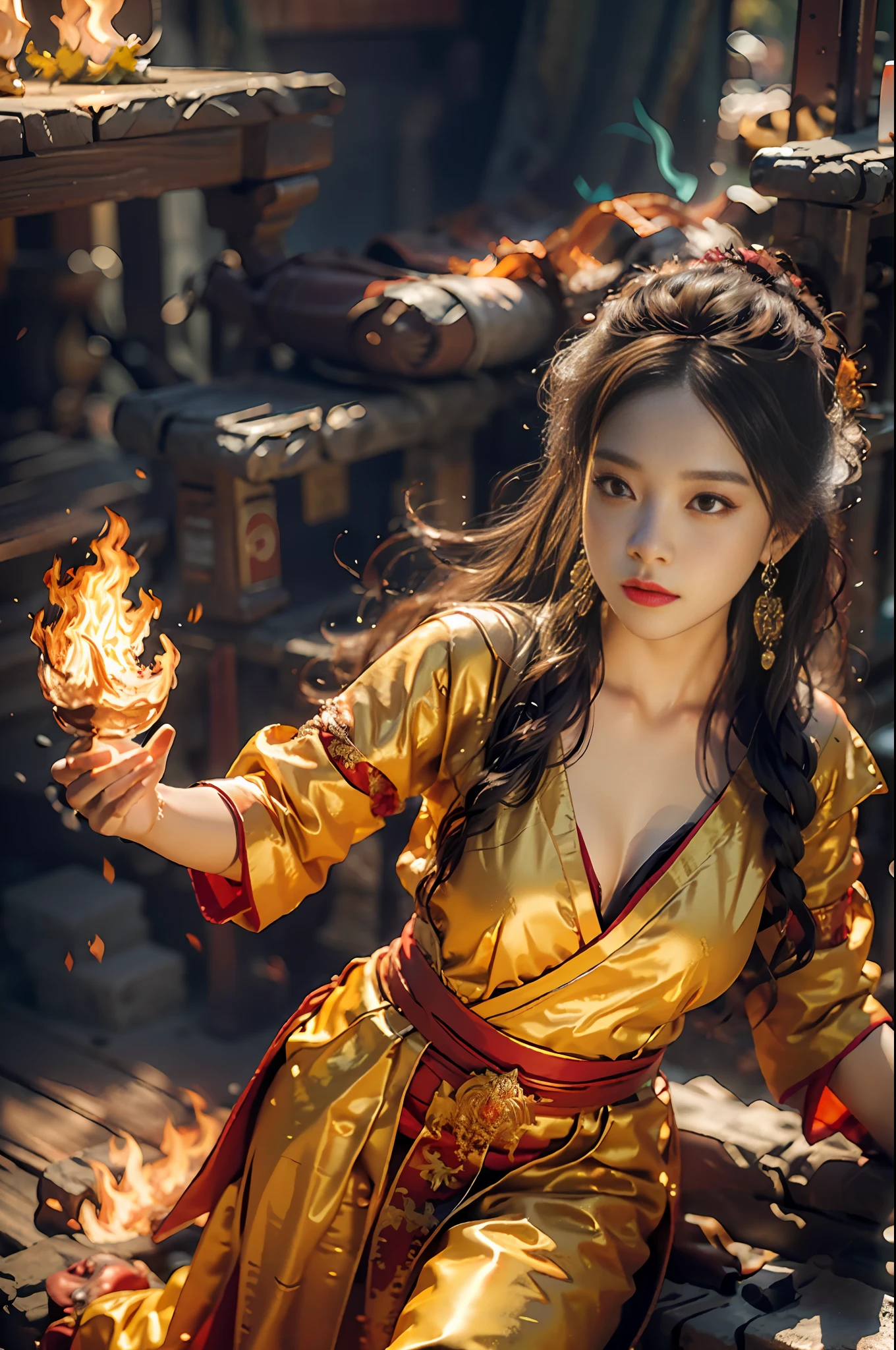 Best quality,masterpiece,ultra high res,(photorealistic:1.4)1girl,beautiful_face,detailed skin,full body,yuhuoshu,jewelry,solo,earrings,(fire:1.3),blurry,realistic,lips,
