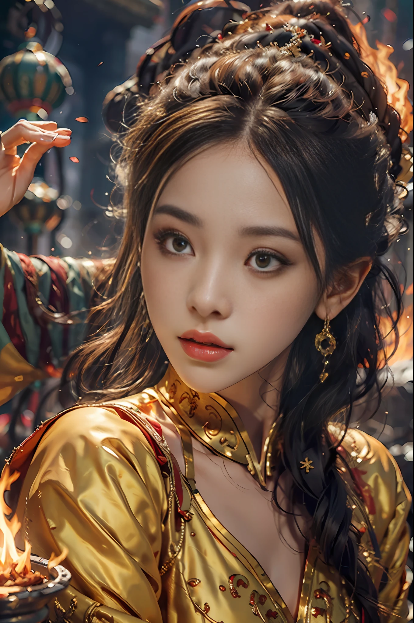 Best quality,masterpiece,ultra high res,(photorealistic:1.4)1girl,beautiful_face,detailed skin,full body,yuhuoshu,jewelry,solo,earrings,(fire:1.3),blurry,realistic,lips,