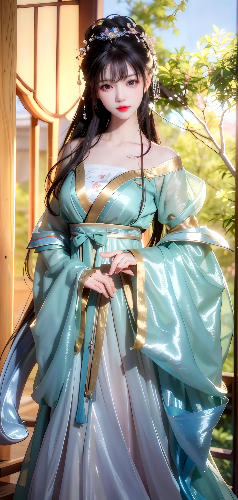 Best quality, pretty, pretty, pretty, pretty, extremely detailed, unity, 8k fine wallpaper, fine details, masterpiece, best quality, official art, very detailed, very ridiculous, high resolution, very beautiful, beautiful eye and face details, movie lights, 1 girl, perspective, looking at the audience, full body, full body photo, outdoors, hands behind your back, (Hanfu