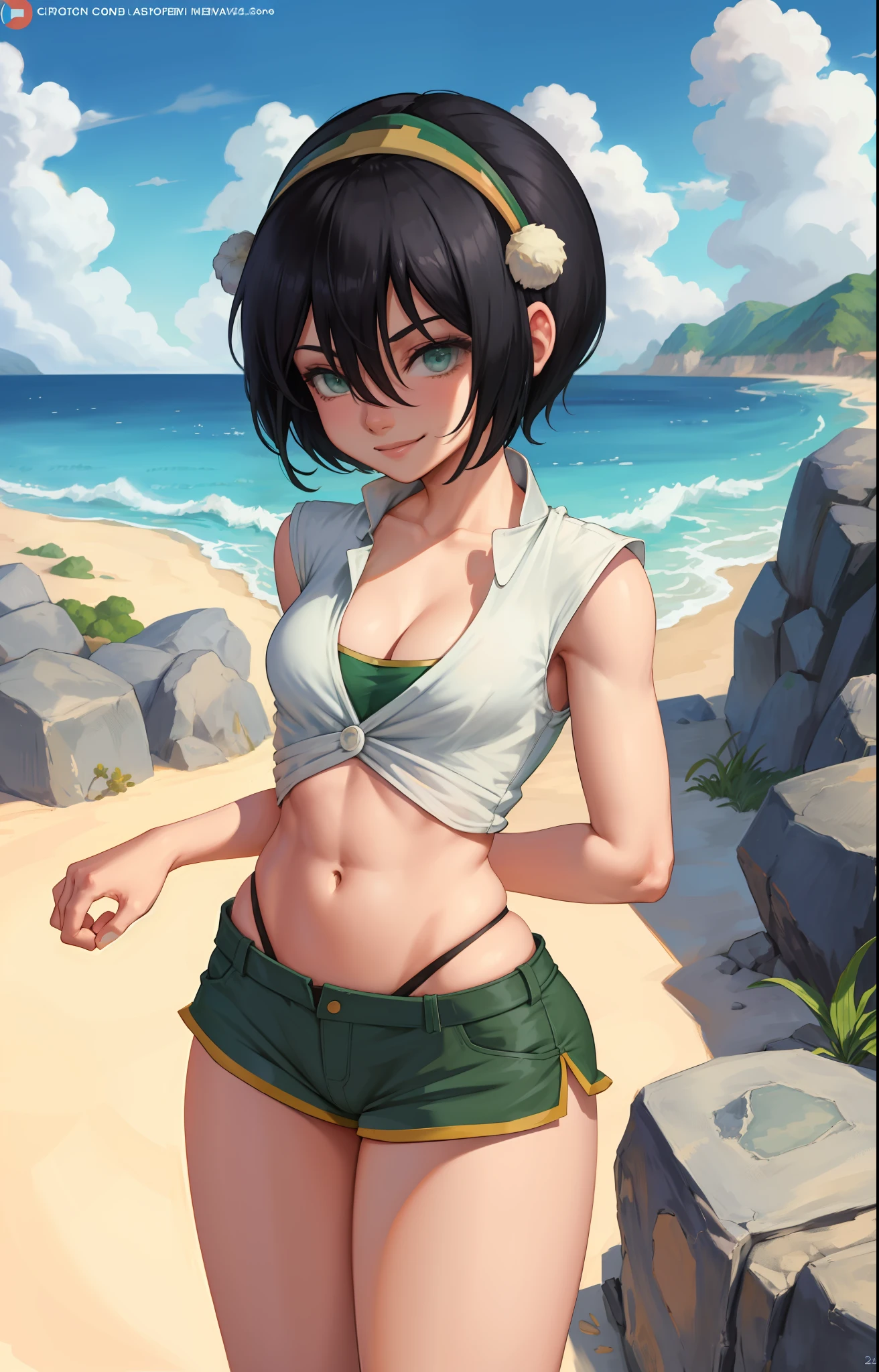 anime coloring pages, beach, blue sky, nature, 1girl, solo, black hair, hair band, short hair, hair between eyes, (blind: 1,2), green eyes, sports top, cleavage, (short shorts, black shorts), standing, back, smile, wide hips, firm ass