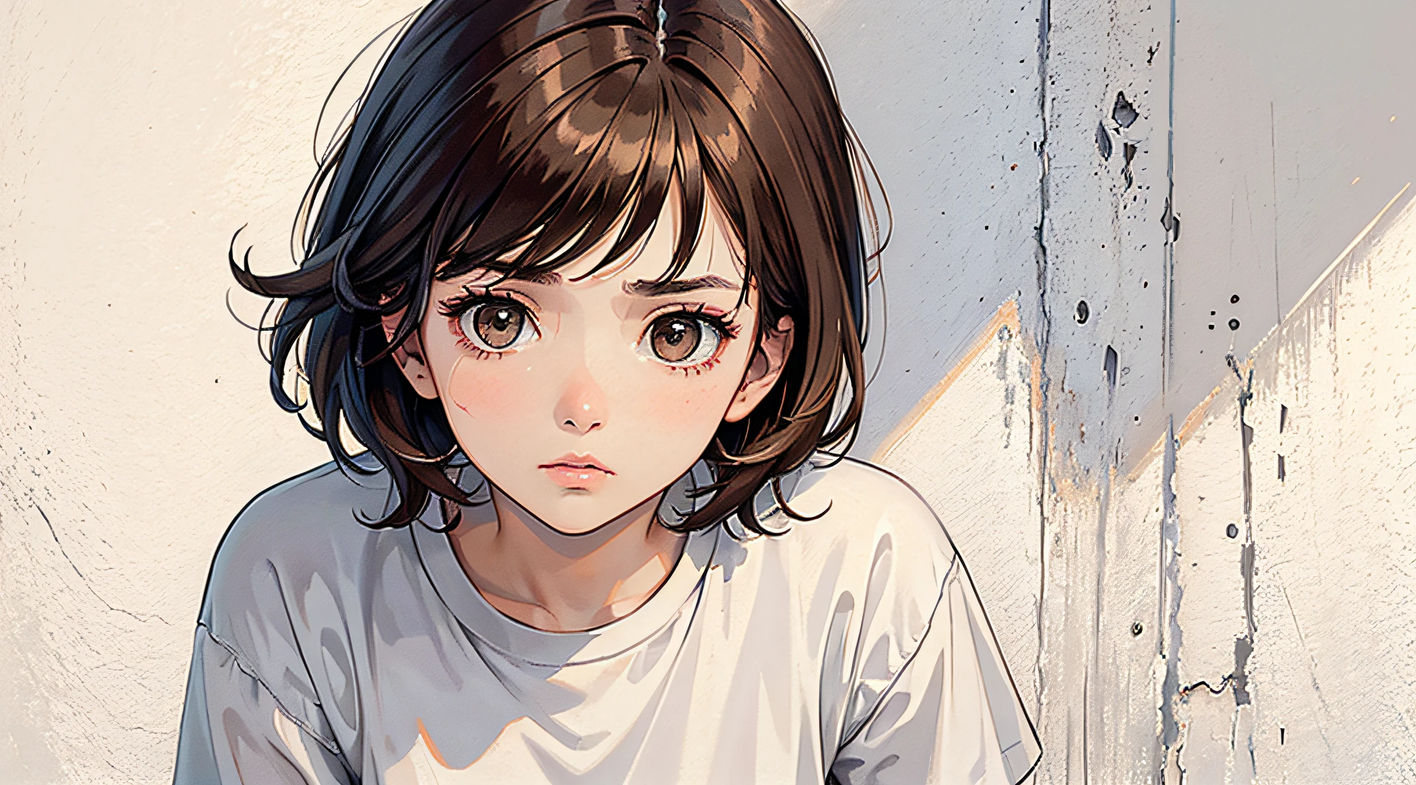 (Masterpiece: 1.2, Best Quality), (Lighting) 1 Lady, Solo, Brown Short Hair, (Glossy Skin: 1.2), Upper Body, Sad Look, White Shirt, White Background