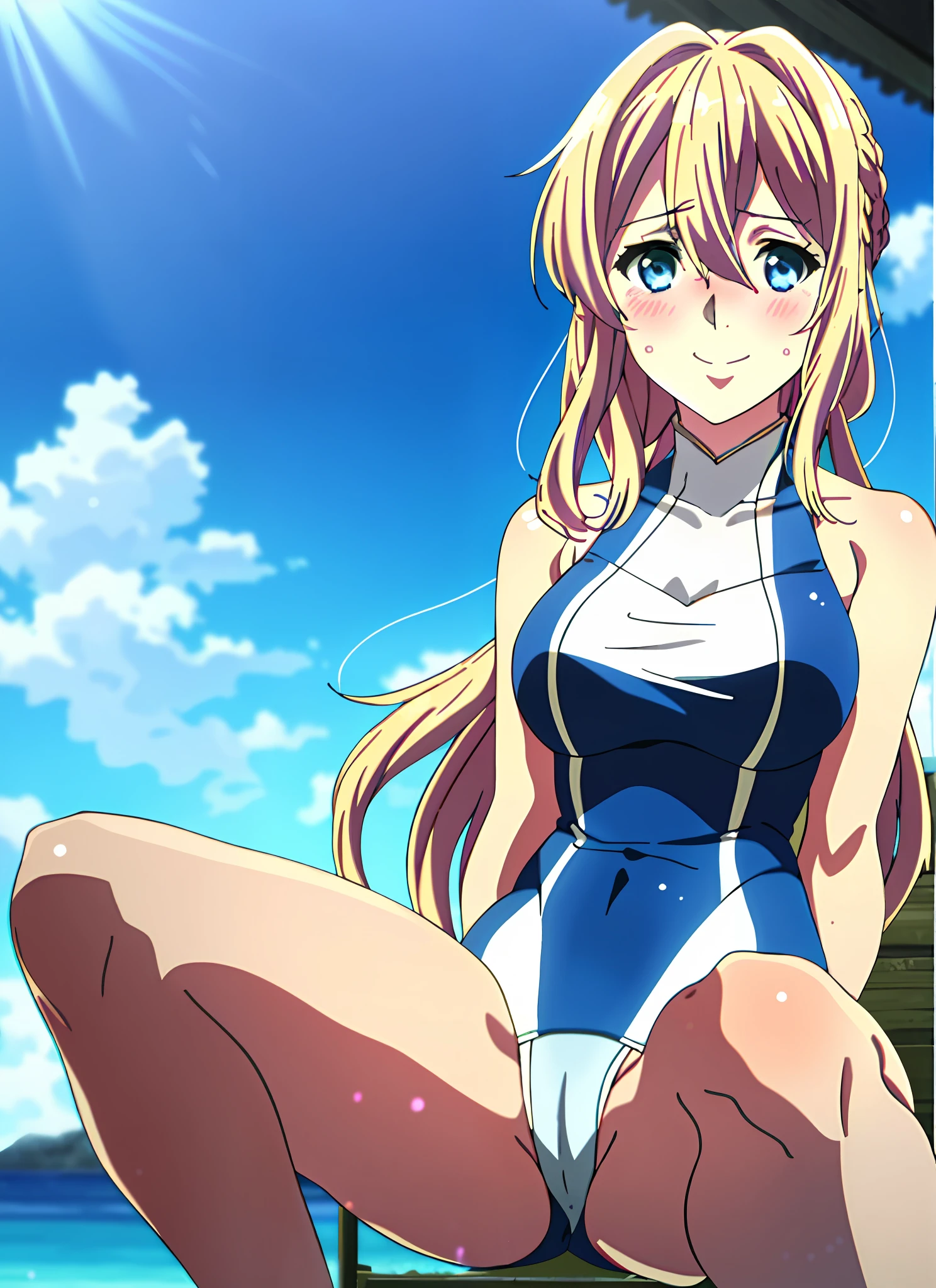 violet evergarden masterpiece, best quality, 1girl, solo, blonde hair, blue eyes, braid, long hair, hair between eyes, sky, smile, blurry, looking at viewer, bangs, looking at viewer, competition swimsuit, wet, blush, full-face blush, embarrassed, spread legs, cameltoe, beach, sunlight, sun