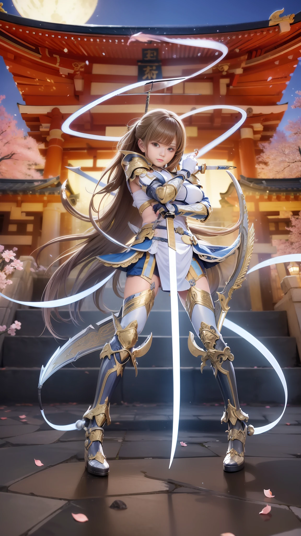 Best quality ,Masterpiece,Ultra High Res,(Photo Realistic:1.4), Photo quality, overall live-action, Girl with a sharp sword standing in front of a building, Ayakagenjin Impact, Japan Lightning Goddess, Queen of Blades, Gorgeous Bikini Armor, From Arc Knights, Lightning Goddess, Genshin Impact Kechin, Armor Girl, Whole live-action, Yasaka Shrine at night, metallic feeling of equipment, face clearly and beautifully, brown hair, right hand opposite hand firmly holding a sword stuck into the ground downward to the front of the body, brave standing, lightning incarnate, whole body, lightning