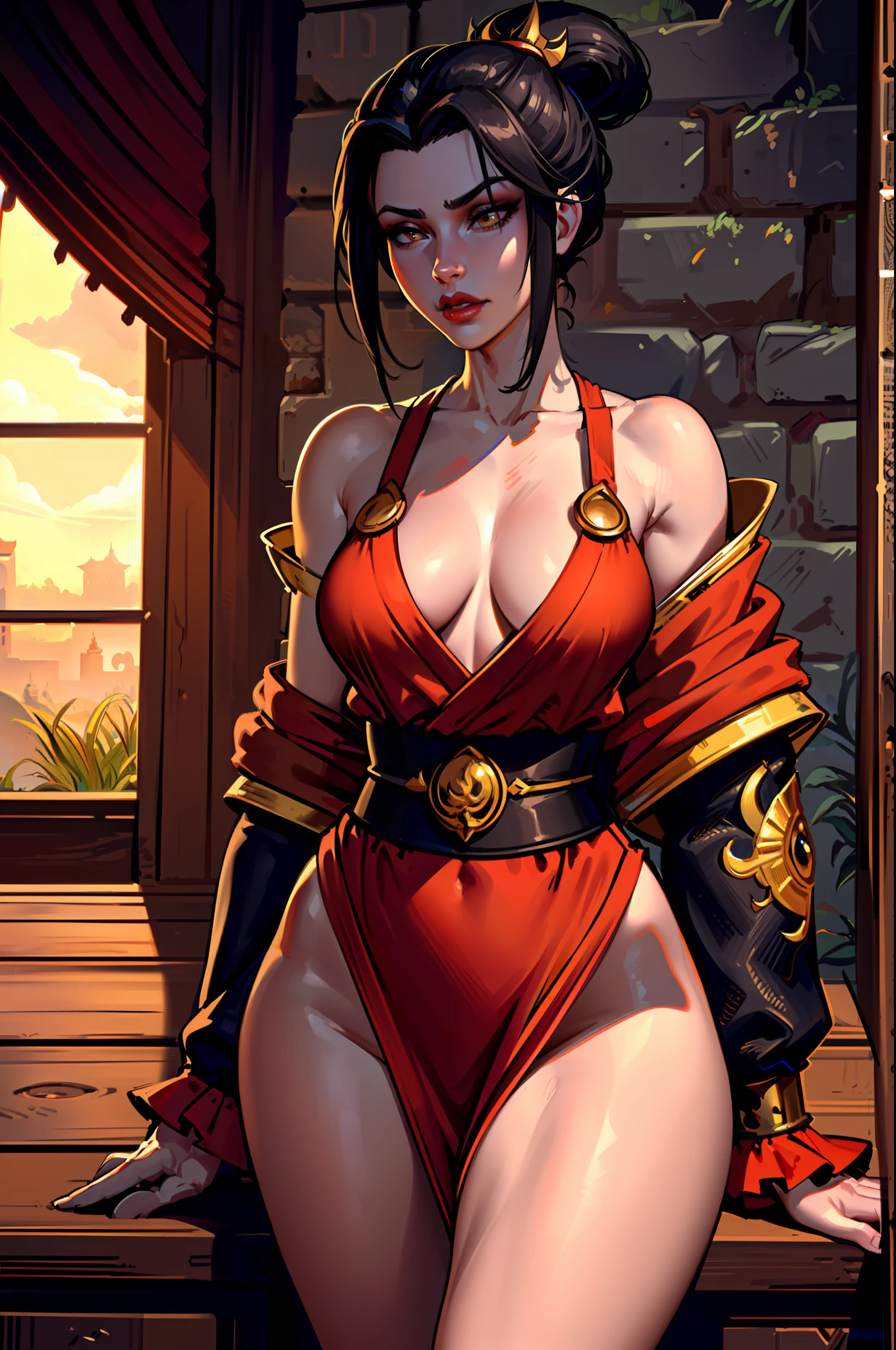 ultra-realistic 8k CG, masterpiece, ((ultra detailed background, fine drawing, intricate details, high detail, fine details of better quality, hyper-detailed face)), (photorealistic: 1.4), beautiful lighting, absurdity, RAW photo, film grain, Azula, 1girl, solo, black hair, brown eyes, makeup, lipstick, red lips, single tuft of hair, navel, side strands, hair decoration, ((medium breasts, slim girl, on the chest,  a lot of,, on the face)), ((unbuttoned kimono)), ((complex detailed background, inside, dim lighting, capricious lighting, inside the castle, castle wall, inside, medieval castle environment)), erotica