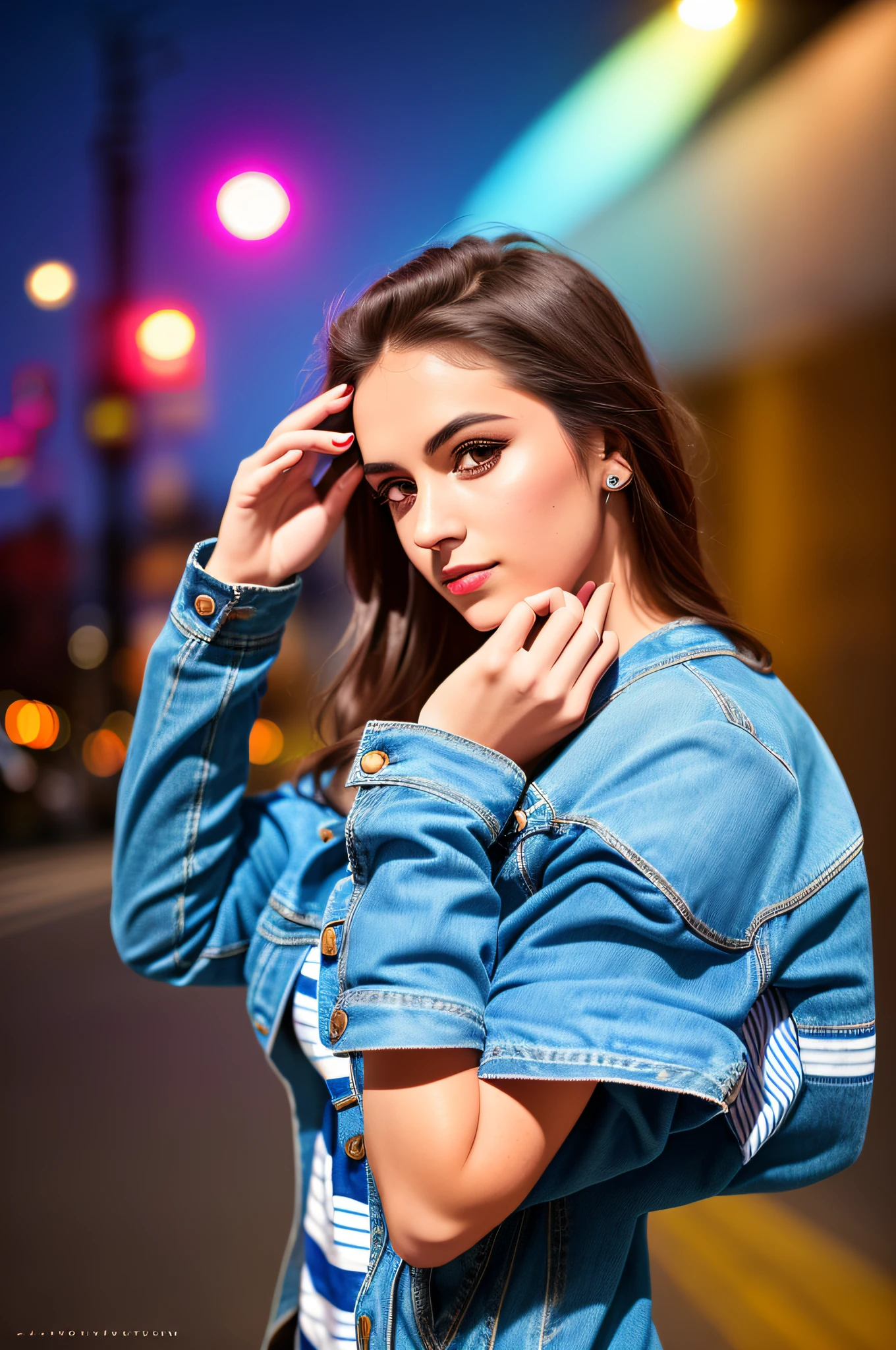 arafed woman in a blue denim jacket and a striped dress, modeling photography, cute model model, cute model girl, photo of a beautiful woman, cute model, shot at canon eos r5, shot at canon eos r 5, shot at nikon z9, woman model, casual pose, cute female model, fashion model photography, casual photography, Model photography, background with car lights in the middle of a street at night --auto --s2