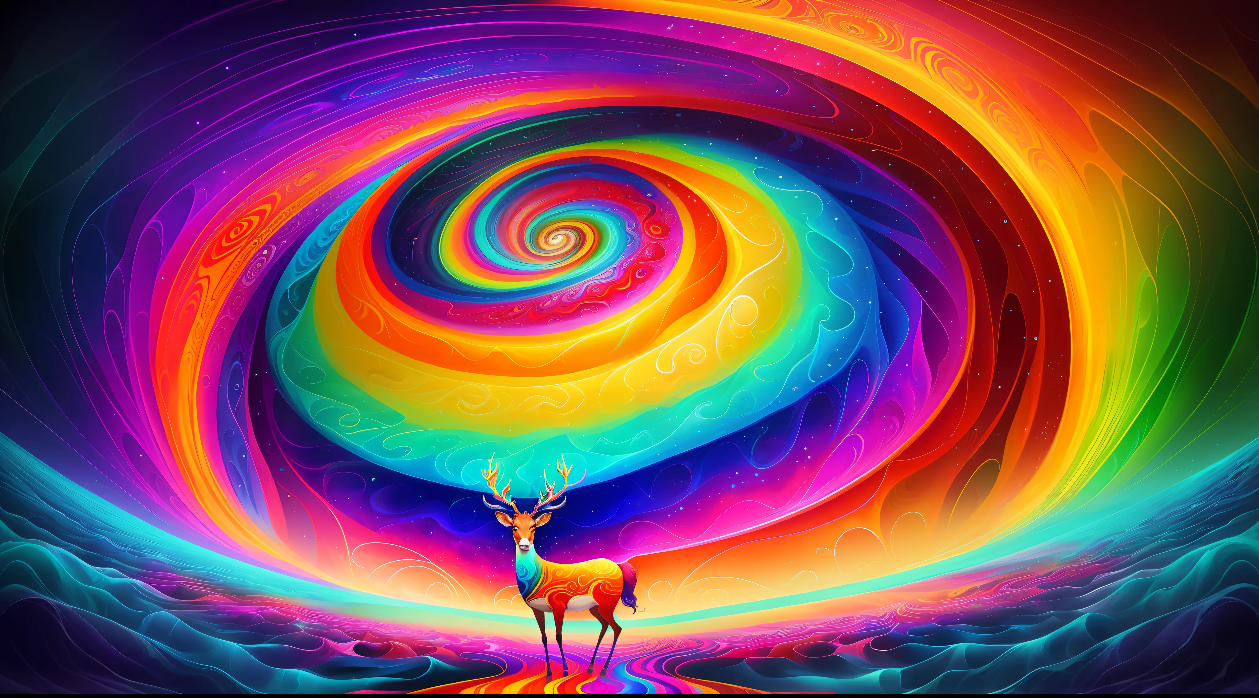 (Psychedelic painting of a deer standing in front of a colorful swirl), ((multi-slit big antlers, stag, big head)), light and shadow, waves, multi-layered, foreground, distant view, fractal Thunder Dan Mumford, Dan Mount Ford and Alex Gray style, psychedelic surreal art, surreal psychedelic design, fantasy art style, illusion psychedelic art, infinite psychedelic waves, inspired by Cyril Rolando, Real ripple structure, psychedelic art style, psychedelic art, psychedelic illustration--V6