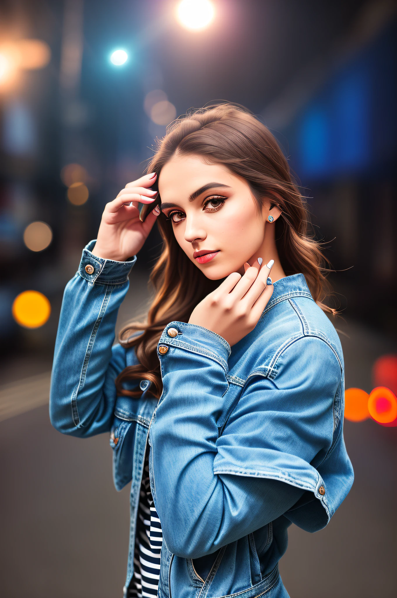 arafed woman in a blue denim jacket and a striped dress, modeling photography, cute model model, cute model girl, photo of a beautiful woman, cute model, shot at canon eos r5, shot at canon eos r 5, shot at nikon z9, woman model, casual pose, cute female model, fashion model photography, casual photography, Model photography, background with car lights in the middle of a street at night --auto --s2