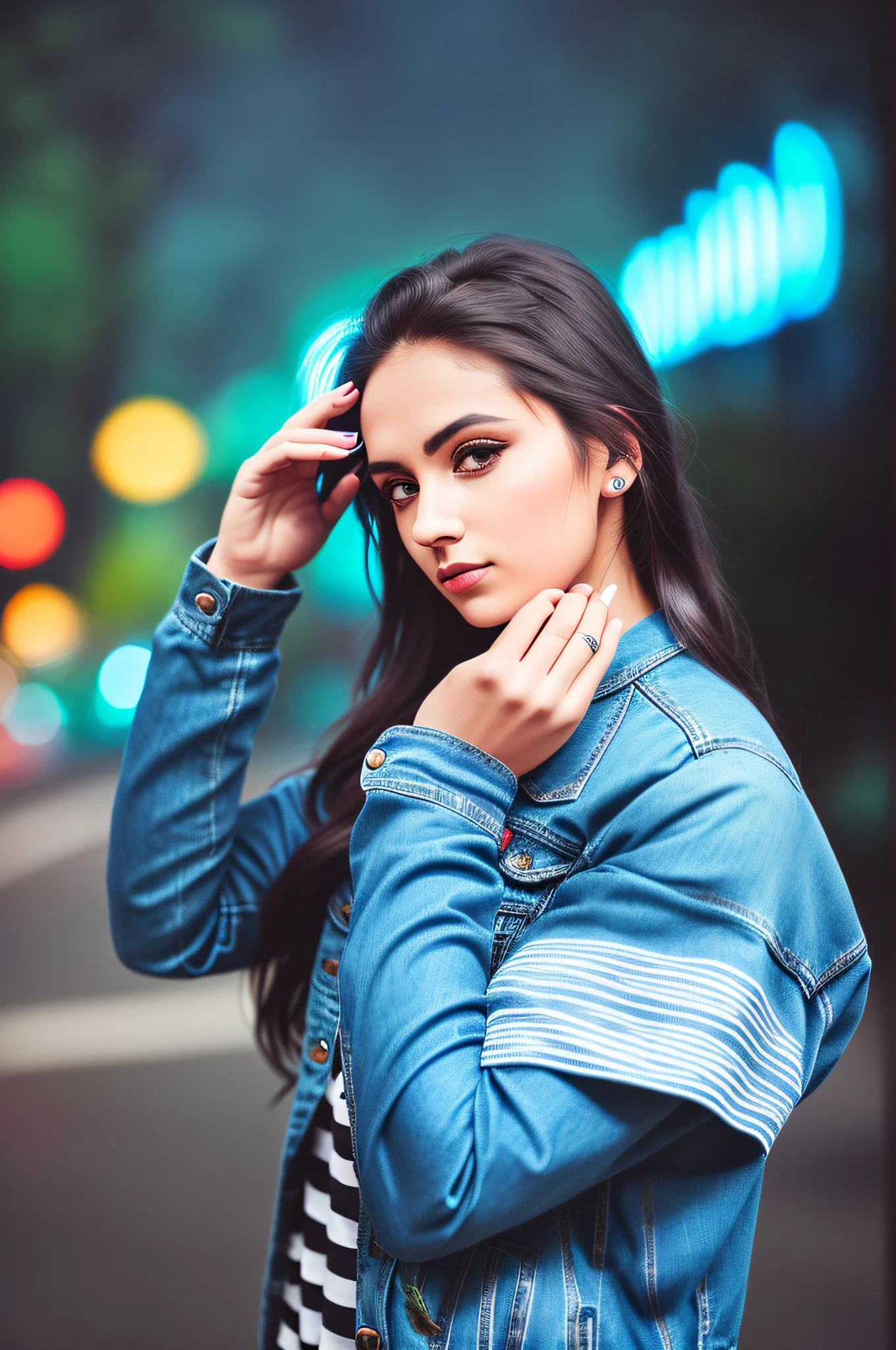 arafed woman in a blue denim jacket and a striped dress, modeling photography, cute model model, cute model girl, photo of a beautiful woman, cute model, shot at canon eos r5, shot at canon eos r 5, shot at nikon z9, woman model, casual pose, cute female model, fashion model photography, casual photography, Model photography, background with car lights in the middle of a street at night --auto --s2