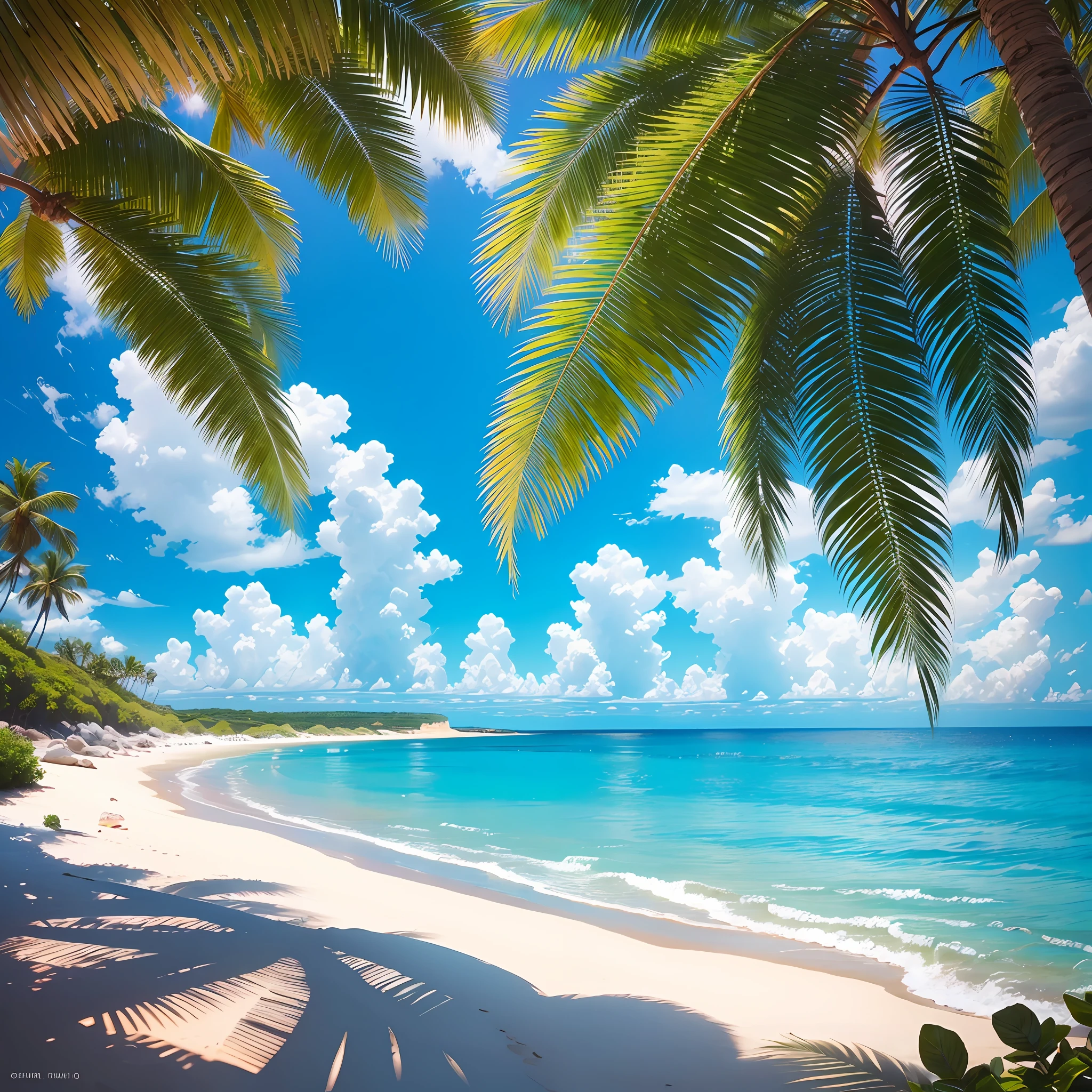 Very healing seaside view, (blue beach), (colorful), (sun), (sand), (plant) --auto --s2
