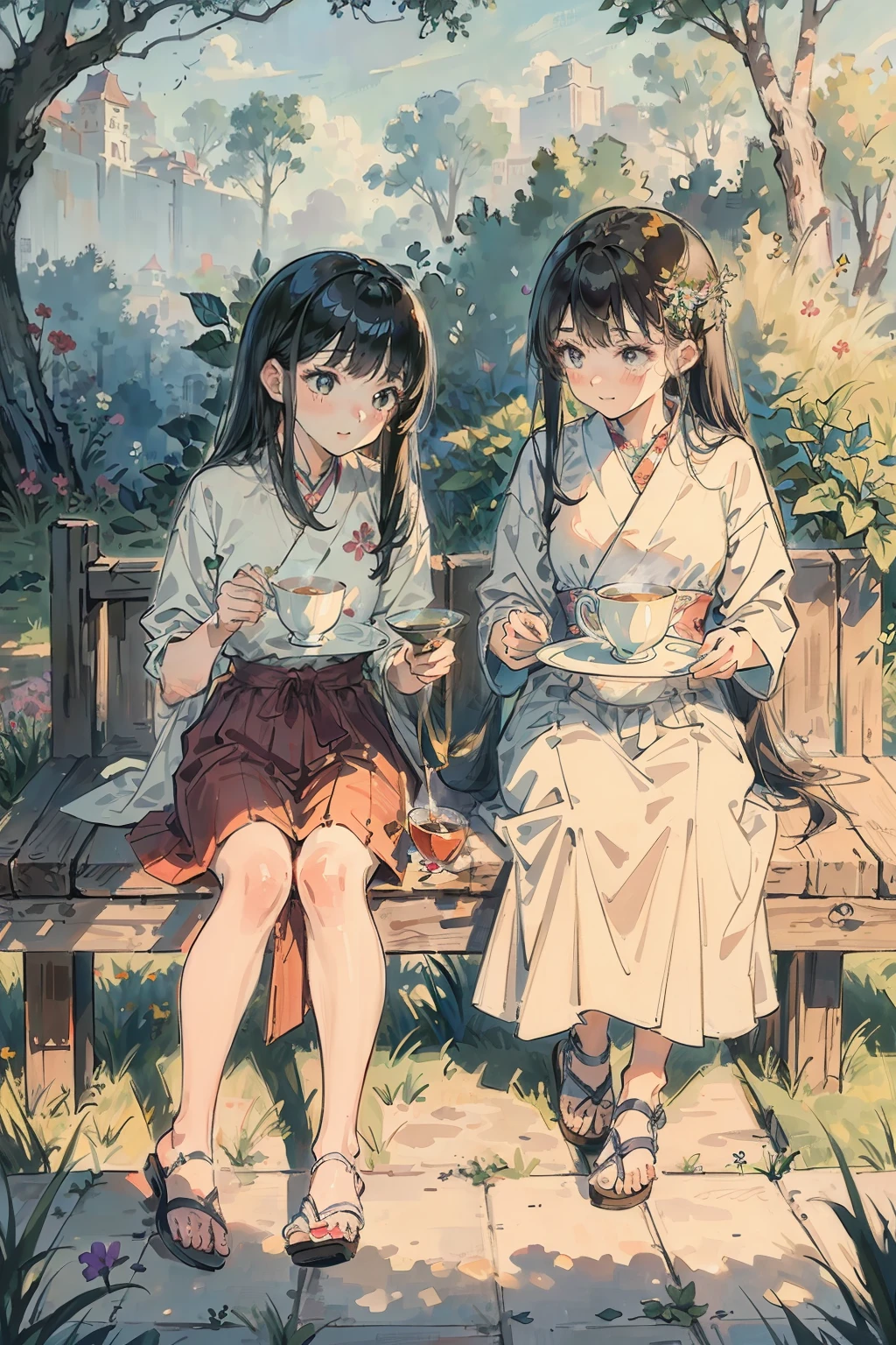 masterpiece, best quality, detailed, 2girls, asian, drinking tea in the garden, summer, wind, 8k, stunning