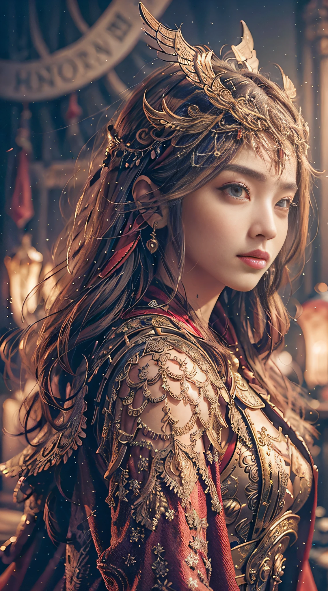 ((Masterpiece))), ((Best Quality))), ((Ultra Detailed)), (Surreal), (Highly Detailed CG Illustration), Cinematic Light, Realistic, Very Beautiful Young Lady,Sexy, Light Makeup,, Intricate Details EABA, Red Cloak, Spear