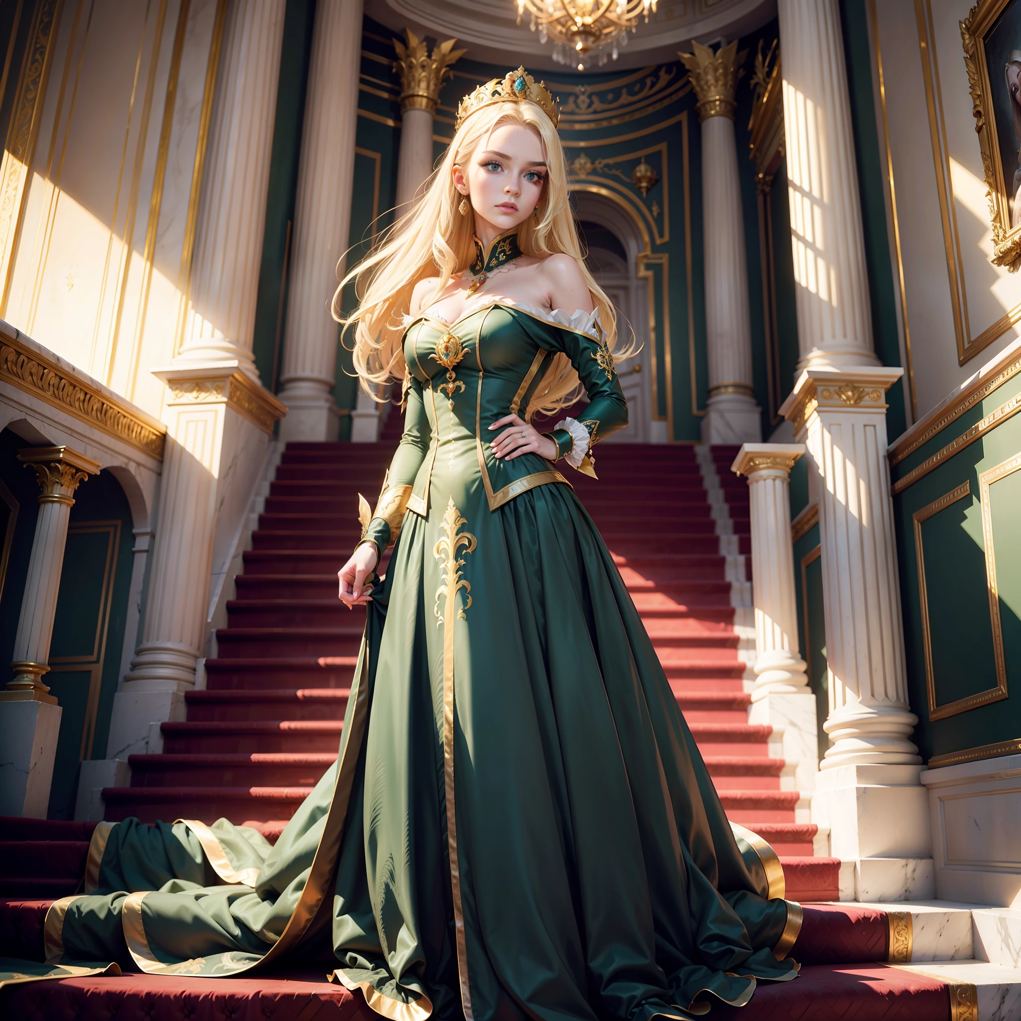 1 girl, (22 years old), blond hair, dark green eyes, (sharp features: 1.1), (pronounced high cheekbones: 1.1), (maximum picture quality: 1.1), (ideal figure: 1.1), royal clothes, royal regalia, golden crown, golden diadem, inside the palace, masterpiece, golden open dress, staircase, hall, baroque architecture, vulgarity, Russian face.