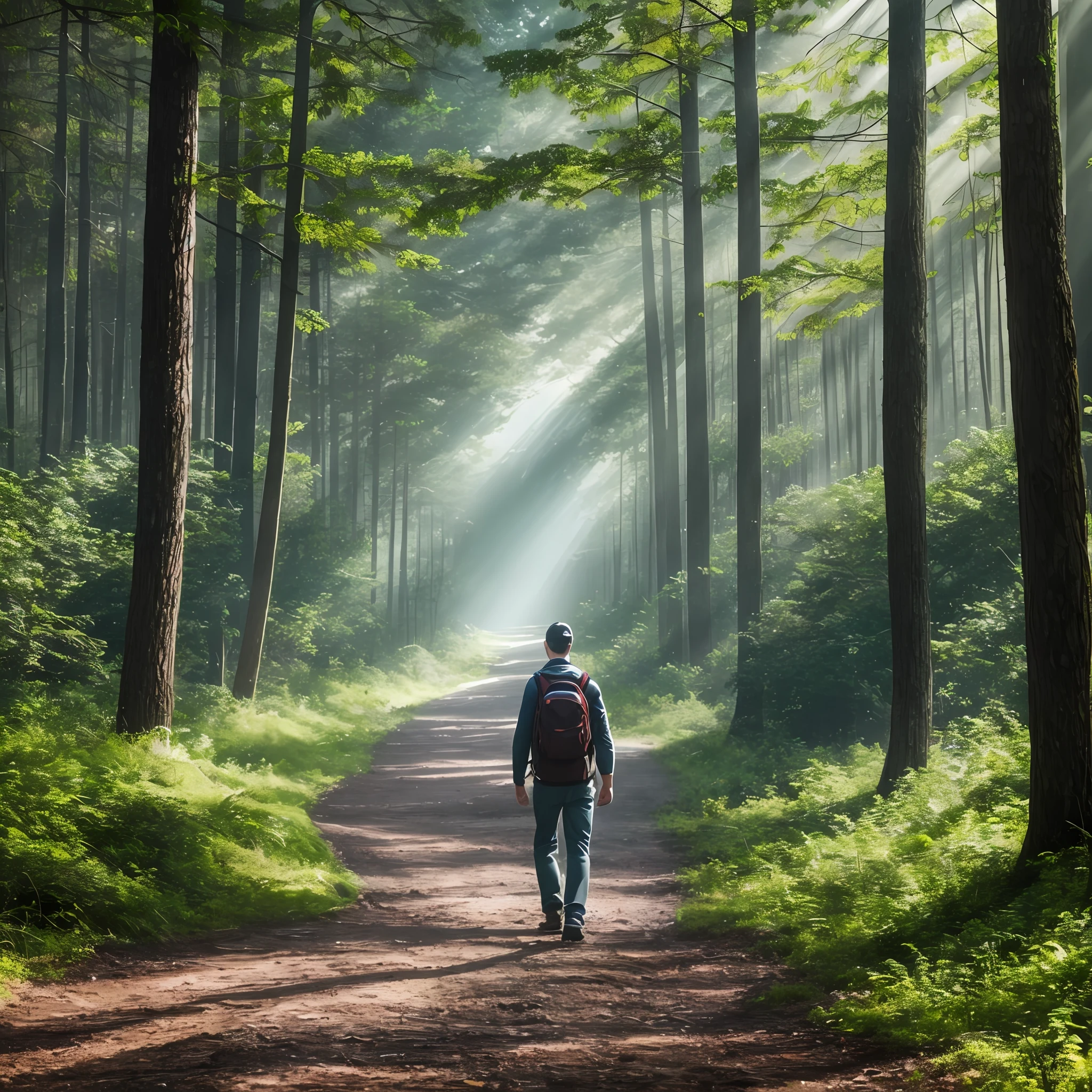 Man, path, forest, sad, clouds, overcast sky, sad face, half dark, forest with trees, rays of sun, walking. --auto --s2