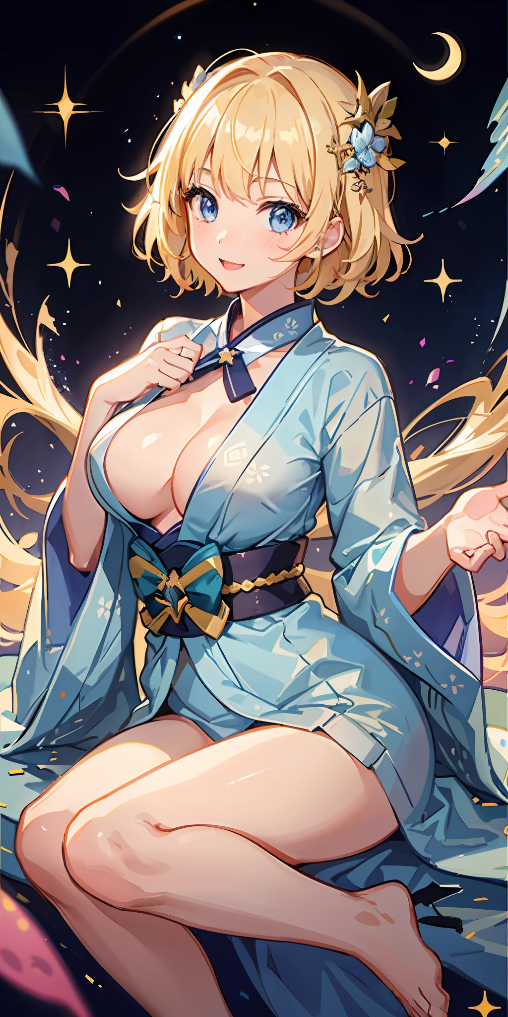 1girl, bright, blonde, light blue eyes, heart motif, star, moon, short hair, uniform bangs, multicolored hair, princess, saleme, side lights, light particles, wallpaper, big, plump, idol, amazing costume, kimono, kimono, yukata, hada, chest, cleavage, sexy, loose, fluffy, smile, gentle, clear, ,