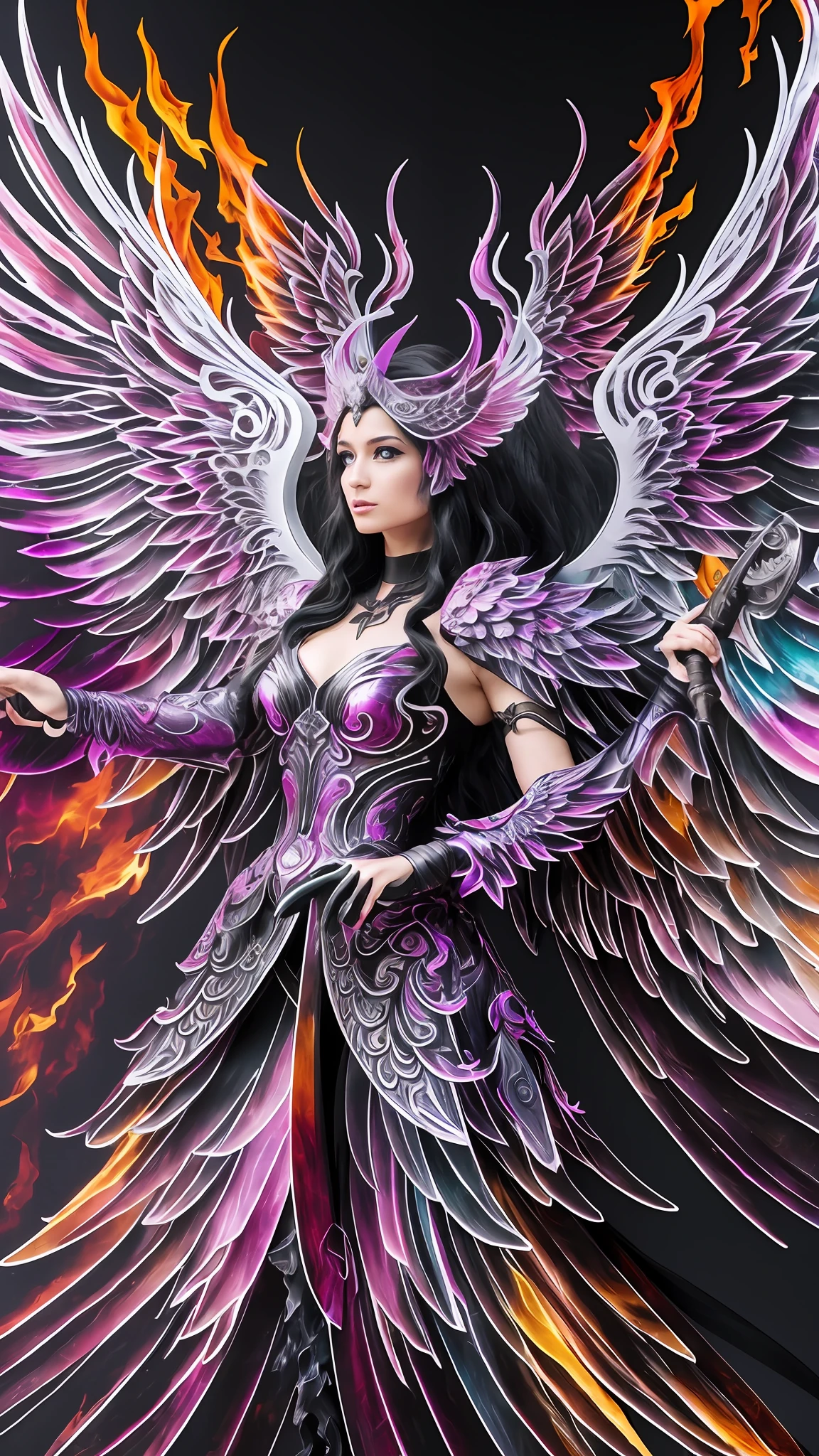 A death angel with 6 pairs of white wings emerging from a dimensional portal. Its wings are translucent, radiating an ethereal and mysterious light. The angel holds a flaming sword, whose flames seem to merge the boundaries between realms. The surroundings consist of abstract shapes and vibrant colors, creating a surreal and supernatural atmosphere. Style: Sculpture, molten and painted metal, --auto --s2