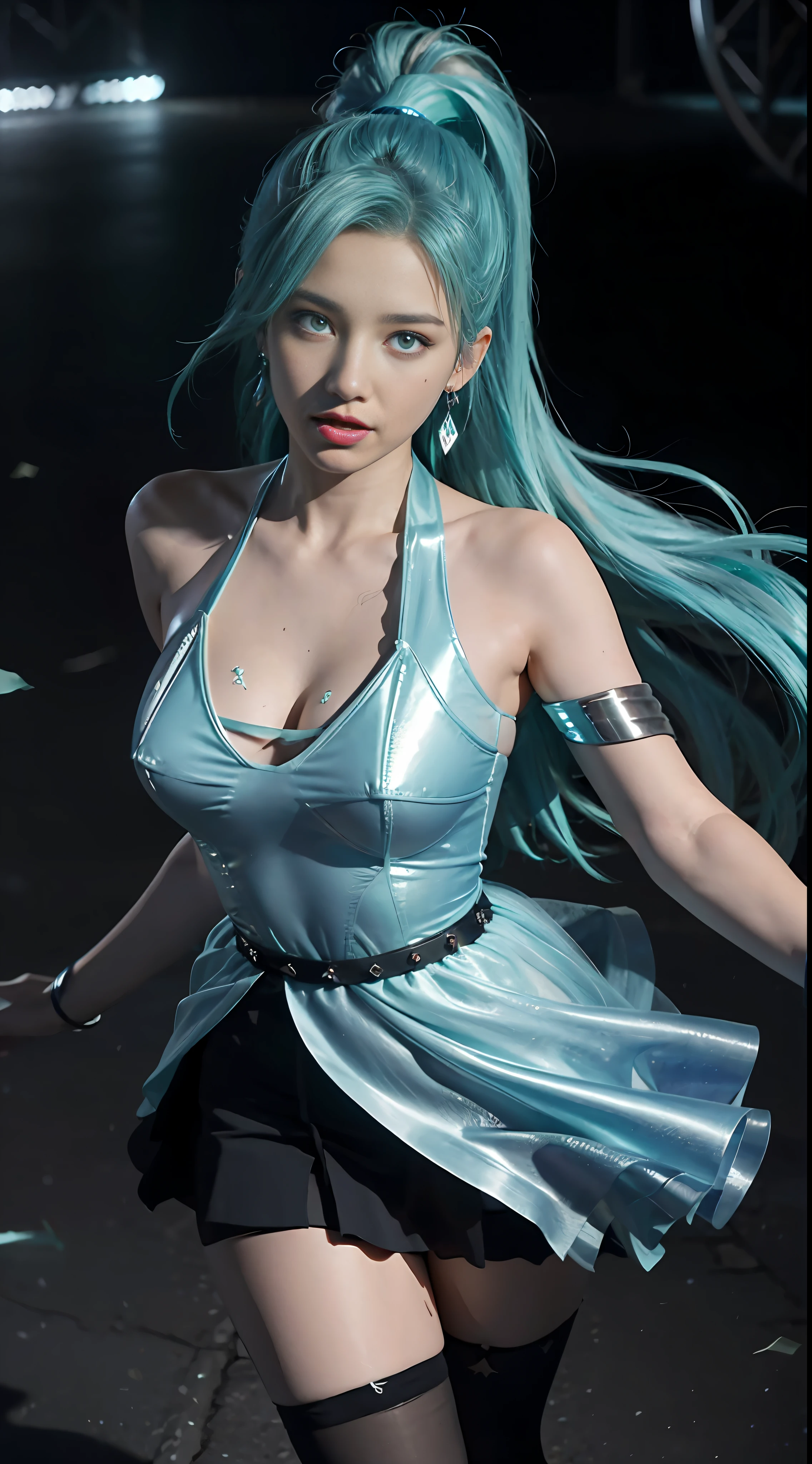 Sky, Field, Wheat, K/Da All Out Seraphine), League of Legends, K/Da \ (League of Legends), 1Girl, Solo, Aqua Green Hair, Gradient Hair, Blue Eyes, Lips, Long Hair, Long Ponytail, Ponytail, Earrings, Jewelry, Armbands, Bracelet, Ice Wings, Blue Dress, Layered Clothes, Black Skirt, One Shoulder Off-the-Shoulder, Cleavage, Stockings, Look to the Audience, Shoot from Above, Look at the Audience, Good-looking Chest, Cleavage, Black Stockings