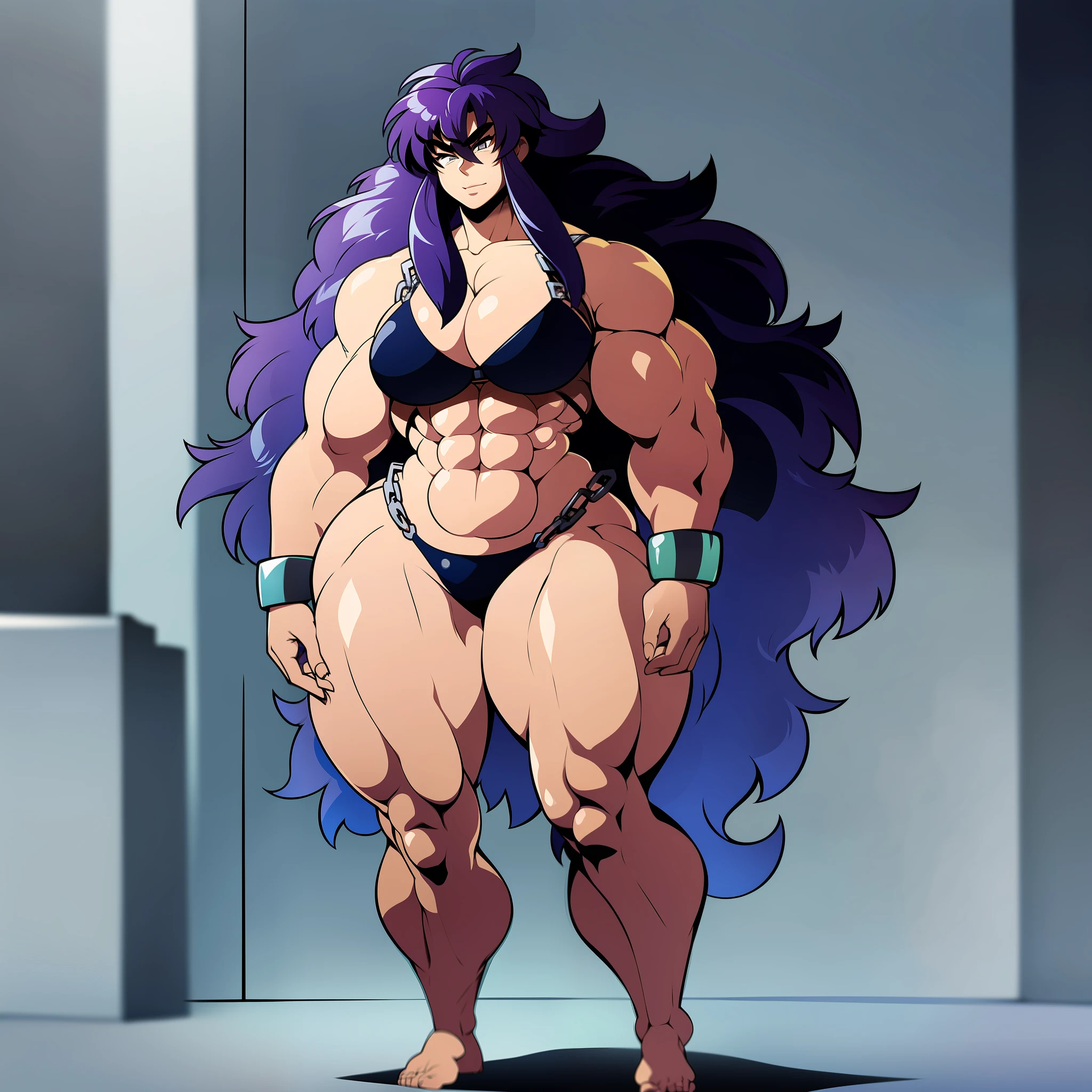 bikini, muscular girl, huge chest, long hair, tomboy, chains, walking.full body
