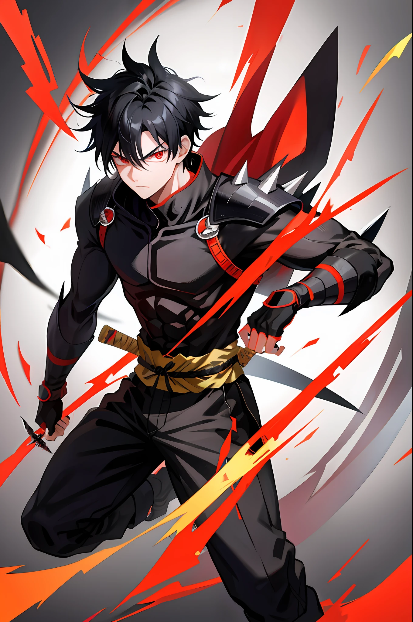 1 boy, shonen style, black hair, spiky hair, scar on cheek, ninja outfit, cool, red eyes, holding a kunai, full body, color