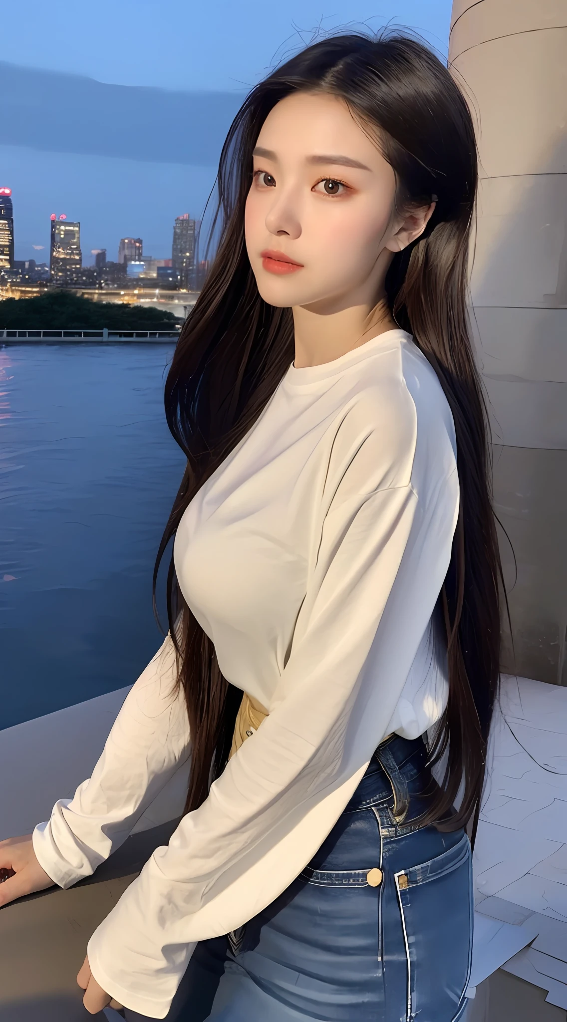 ((Midnight, Excellent, 8K, Masterpiece: 1.3)), Full body, Long legs, Focal length: 1.2, Perfect Body Beauty: 1.4, Slim Abs: 1.1, ((Dark Brown Hair, Big Breasts: 1.2 )), (White Skinny T-shirt, Denim Biggets, Standing: 1.2), ((City Night View, Roof: 1.3)), ((Front Shot)), ((White T-shirt)), (Front Gaze Lens) Highly detailed facial and skin texture, Detailed eyes, Double eyelids