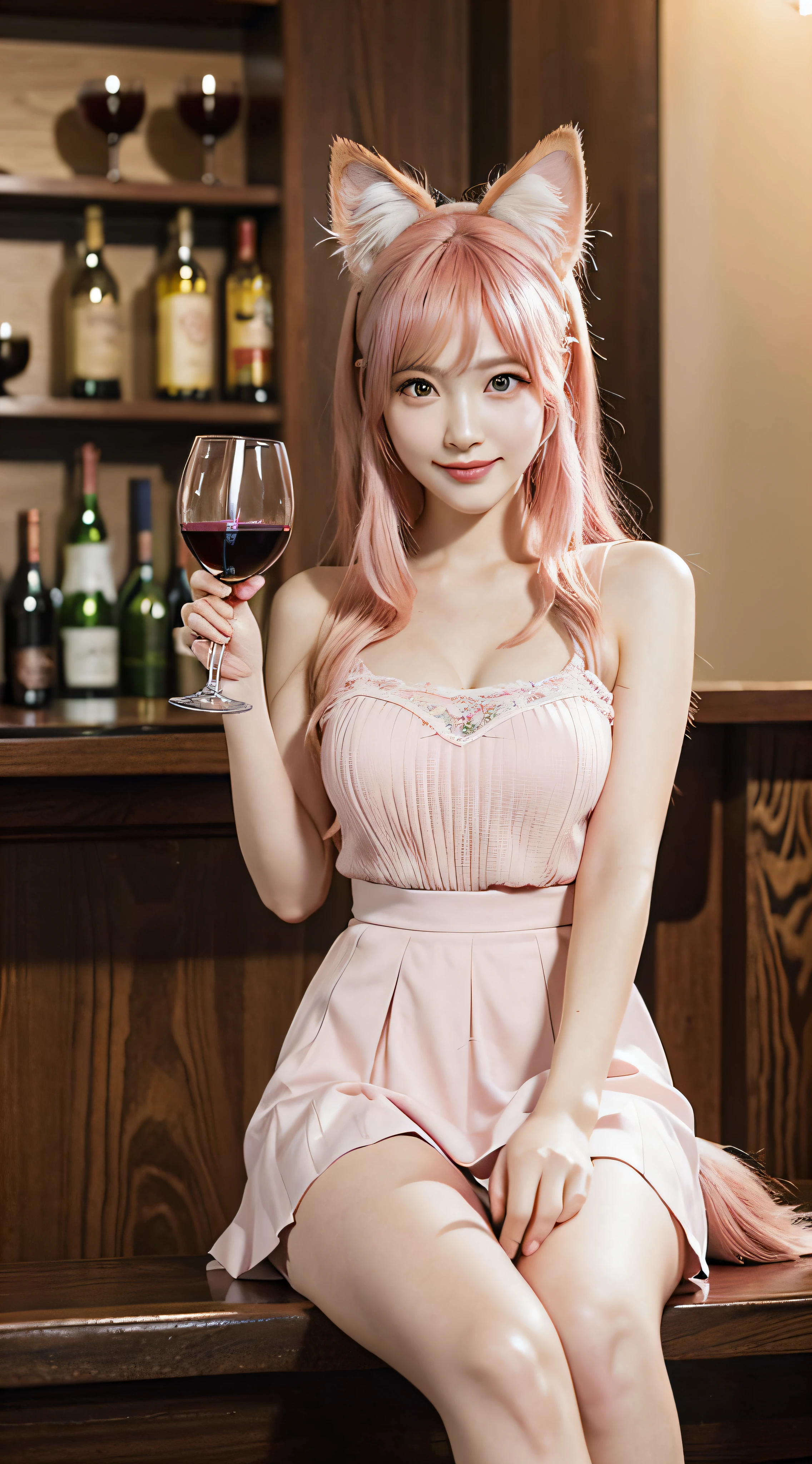League of Legends Fox, super fine face, anime cat face, detailed eyes, pleated skirt, smile, holding a red wine glass, sitting at the bar bar, full body composition, cgsociety, cosplay, fantasy art, very beautiful cg anime cat girl, pink hair, pink fox ears, high quality fantasy stock photo, good figure, fantasy, fantastic crystal clear background, bokeh background, Unreal Engine, 3d rendering