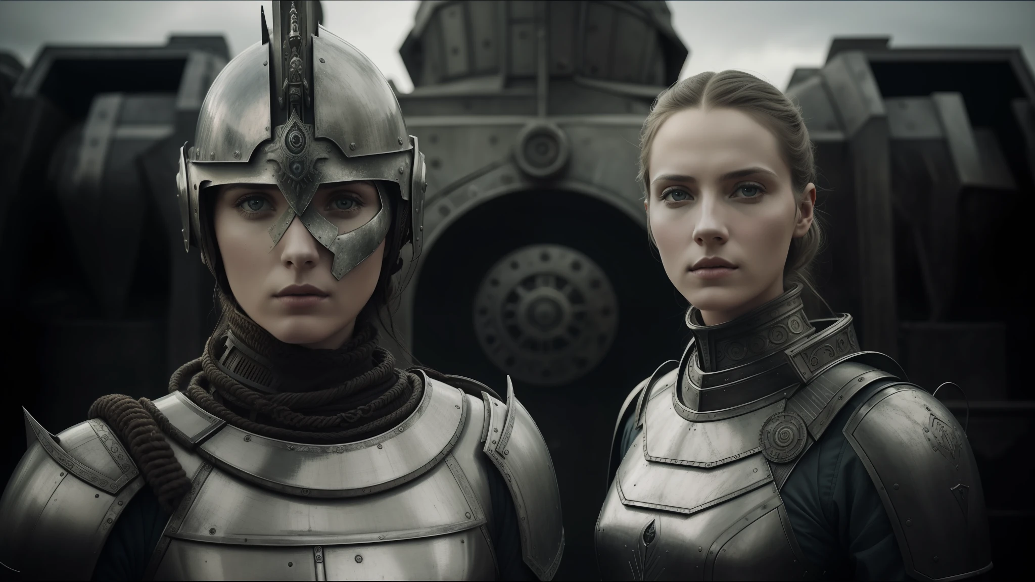 there are two women in armor side by side, highly detailed surreal visual effects, inspired by Peter Lindbergh, desaturated and soft colors, inspired by Nikola Avramov, clockpunk, detailed and beautiful faces, by Steven James Petruccio, prometheus (2012)