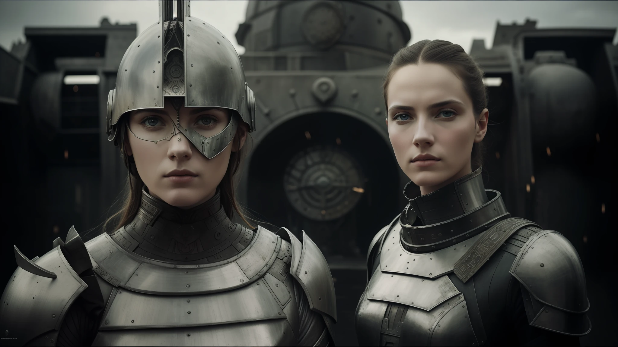 there are two women in armor side by side, highly detailed surreal visual effects, inspired by Peter Lindbergh, desaturated and soft colors, inspired by Nikola Avramov, clockpunk, detailed and beautiful faces, by Steven James Petruccio, prometheus (2012)
