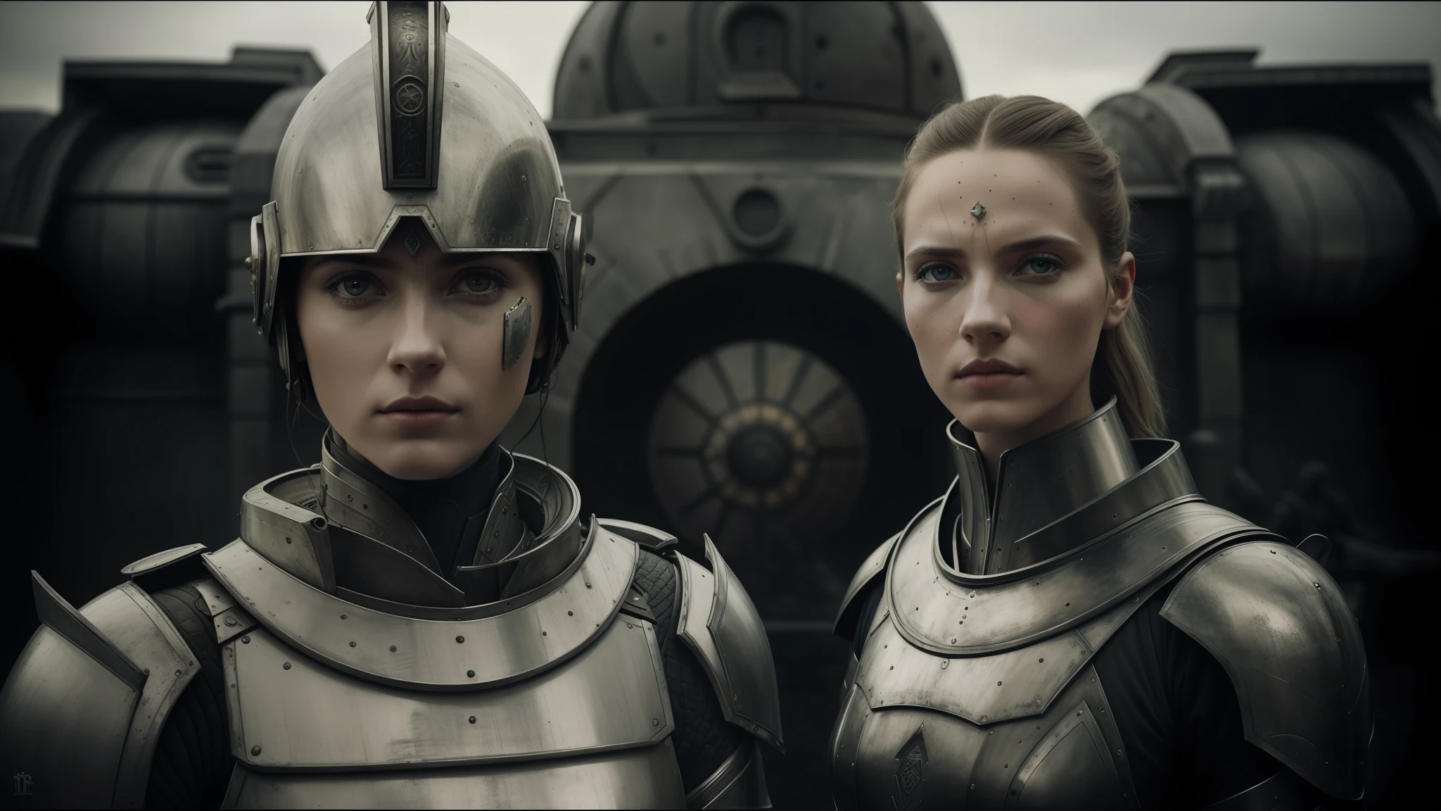 there are two women in armor side by side, highly detailed surreal visual effects, inspired by Peter Lindbergh, desaturated and soft colors, inspired by Nikola Avramov, clockpunk, detailed and beautiful faces, by Steven James Petruccio, prometheus (2012)