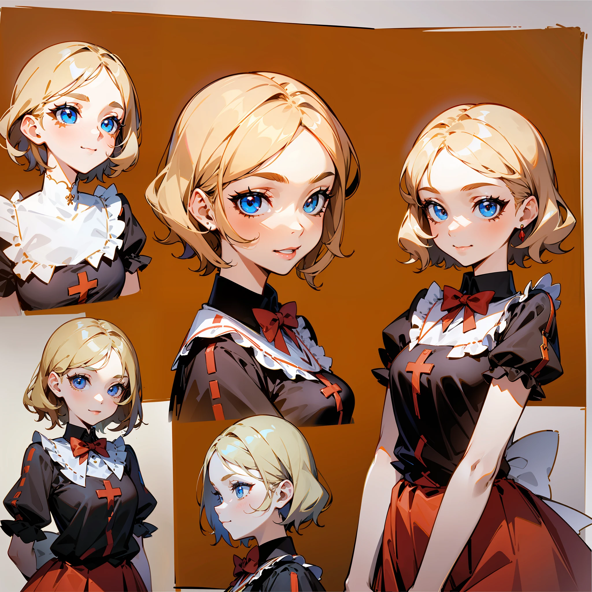 Masterpiece: 1.6, best quality: 1.4, live image: 1.2, intricate details: 1.2, charturnerv2: 1.2, 1lady full body character change, Appearance: young: 1.25, thin: 1.3, blue eyes, thick eyelashes,medium breasts, detailed eyes, quality eyes, Clothing: black shirt, red skirt, bubble skirt Accessories: red bow, red ribbon, Hair: blonde hair, short hair, semi curly hair, natural, shiny skin, (single background, white background:1.8), transparent Background, multiple views, multiple views of the same character in the same outfit: 1.3., character sheet: 1.2, multiple facial expressions: 1.3, serious, seductive smile, evil smile, shaded face,