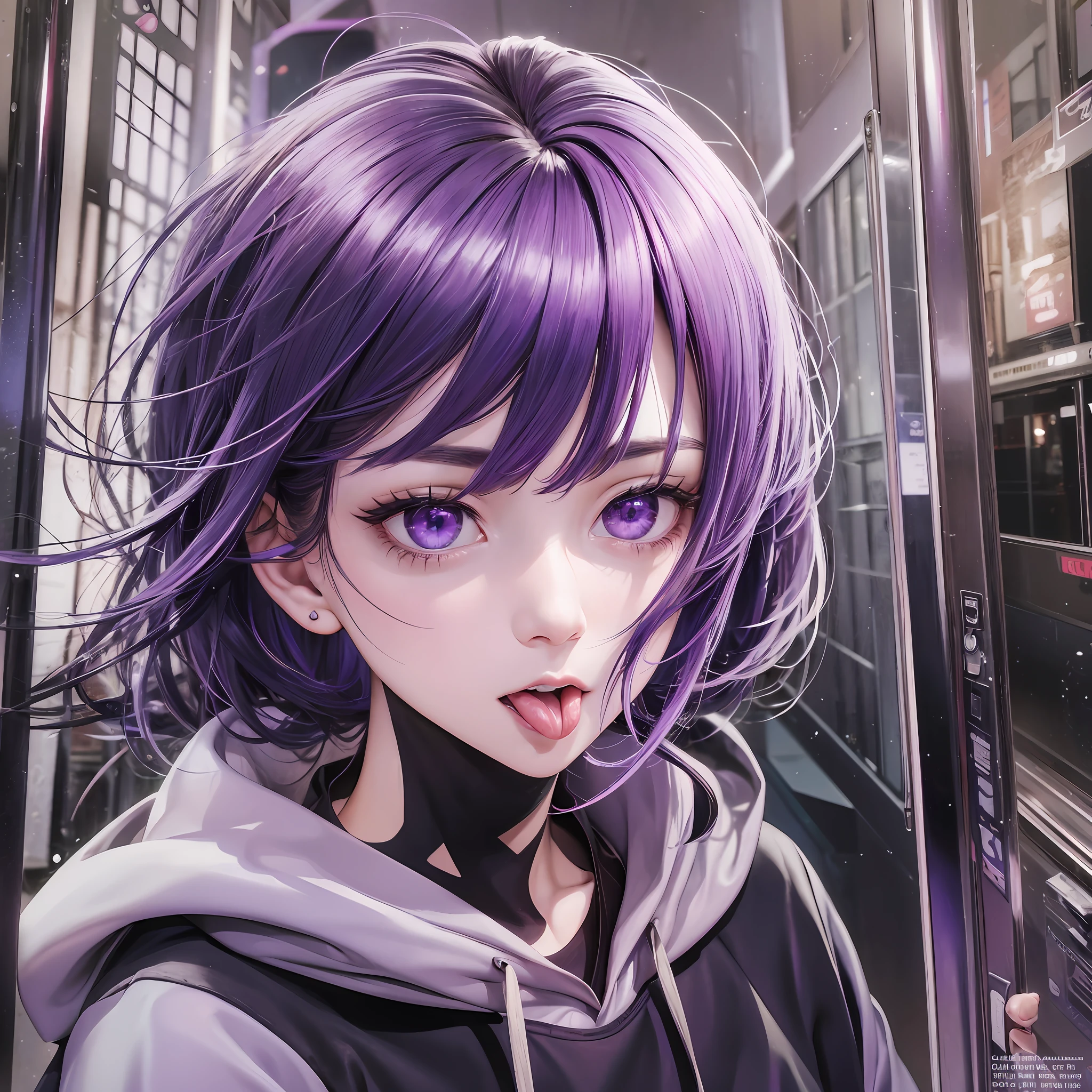 Top quality, masterpiece, purple eyes, purple hair, centered, right lateral hair under the chin, round eyebrows, big eyes, boy, black hoodie, tongue out, middle finger up, --auto --s2