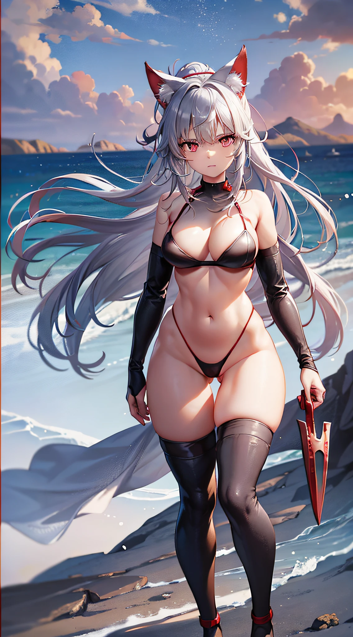 Movie angle, depth of field, (viewer view), (right foreground: 1), (standing photo: 1), cat ears girl, (solo),silver hair,(white skin:1), (curvaceous:1.2), (wide hips:1.1), cat-eared girl, (beautiful beach background), (coast background: 1.4), (coast background: 1.4), (red clothes), (bare shoulders, red micro bikini), ( Red T-back panties: 1.2), (red glove armor: 1.2), sharp claws, detailed horns, red choker, red thigh boots, (ponytail, hairs between the eyes), (silver-haired), red eyes), (flat chest: 1.2), expressionless, stunned, sleepy, wakame