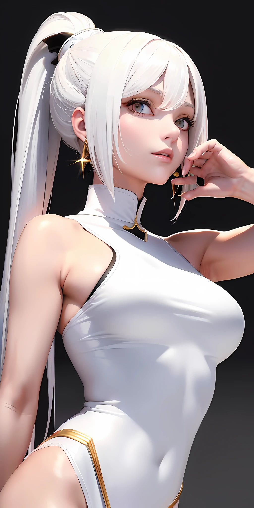 Excellent, masterpiece, white hair, golden eyes, white clothes, looking up, upper body, hair, fair skin, high ponytail