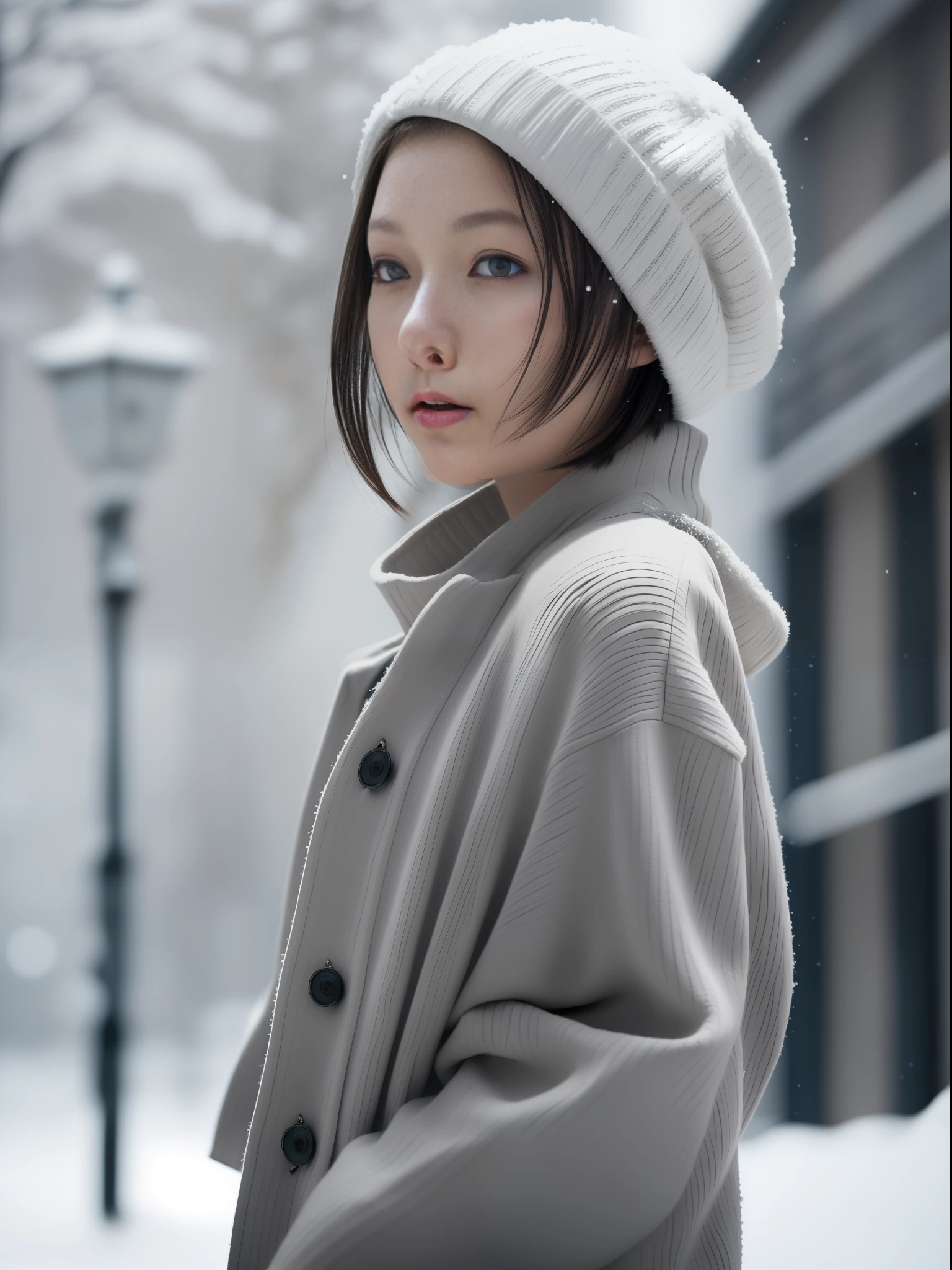 Film still, mid shot, extremely low angle, Fashion Photography, a very pretty and pure japanese girl, short hair, realistic skin texture, snow, cold, Low saturation, grey sky, masterpiece, global illumination