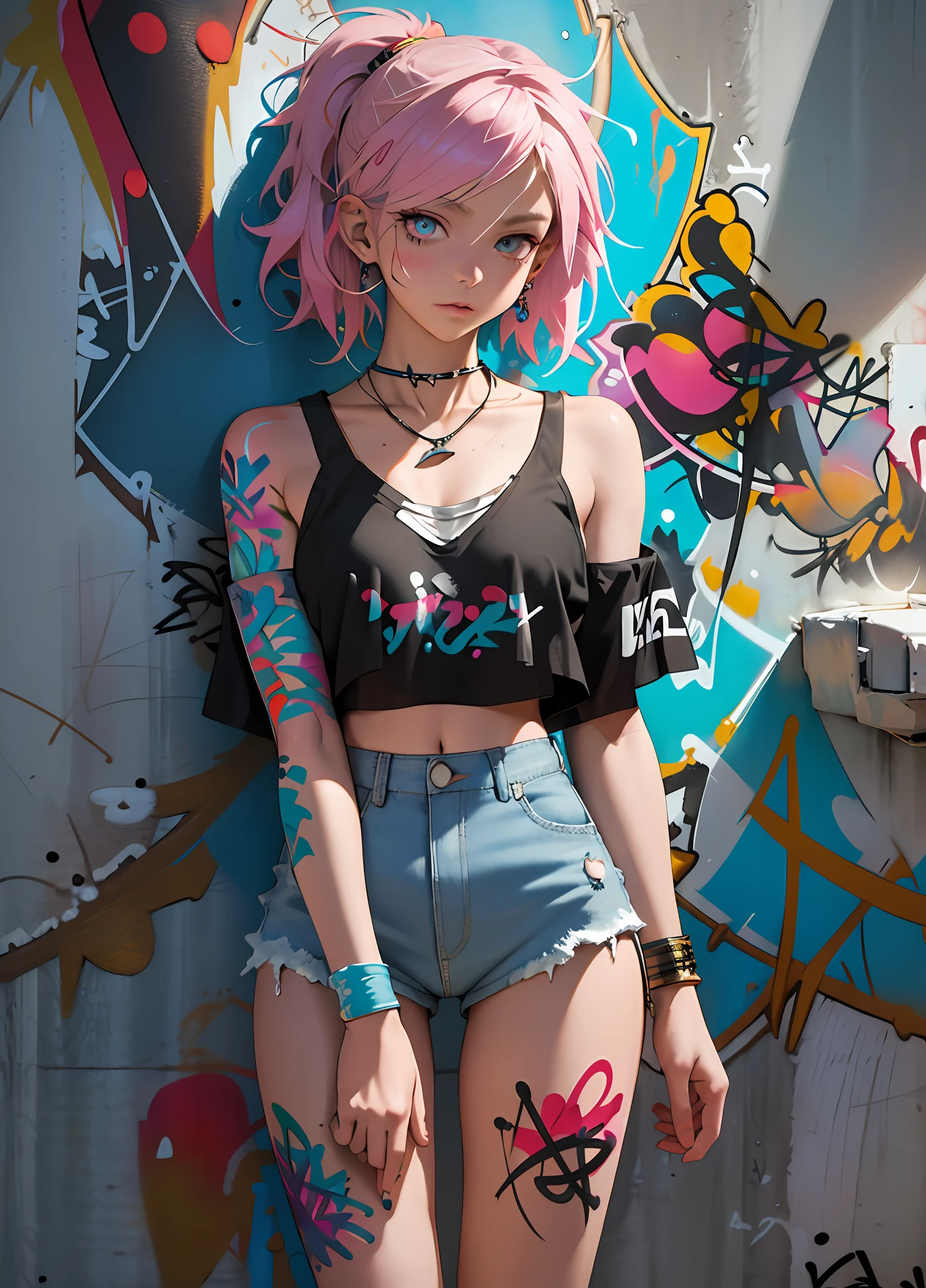 Masterpiece, best quality, realistic, 1 girl, solo, crop top , denim shorts, necklace, (graffiti:1.5), paint splash, behind arm, against a wall, looking at the audience, armbands, thigh straps, paint on body, head tilt, boredom, multicolored hair, aqua eyes,