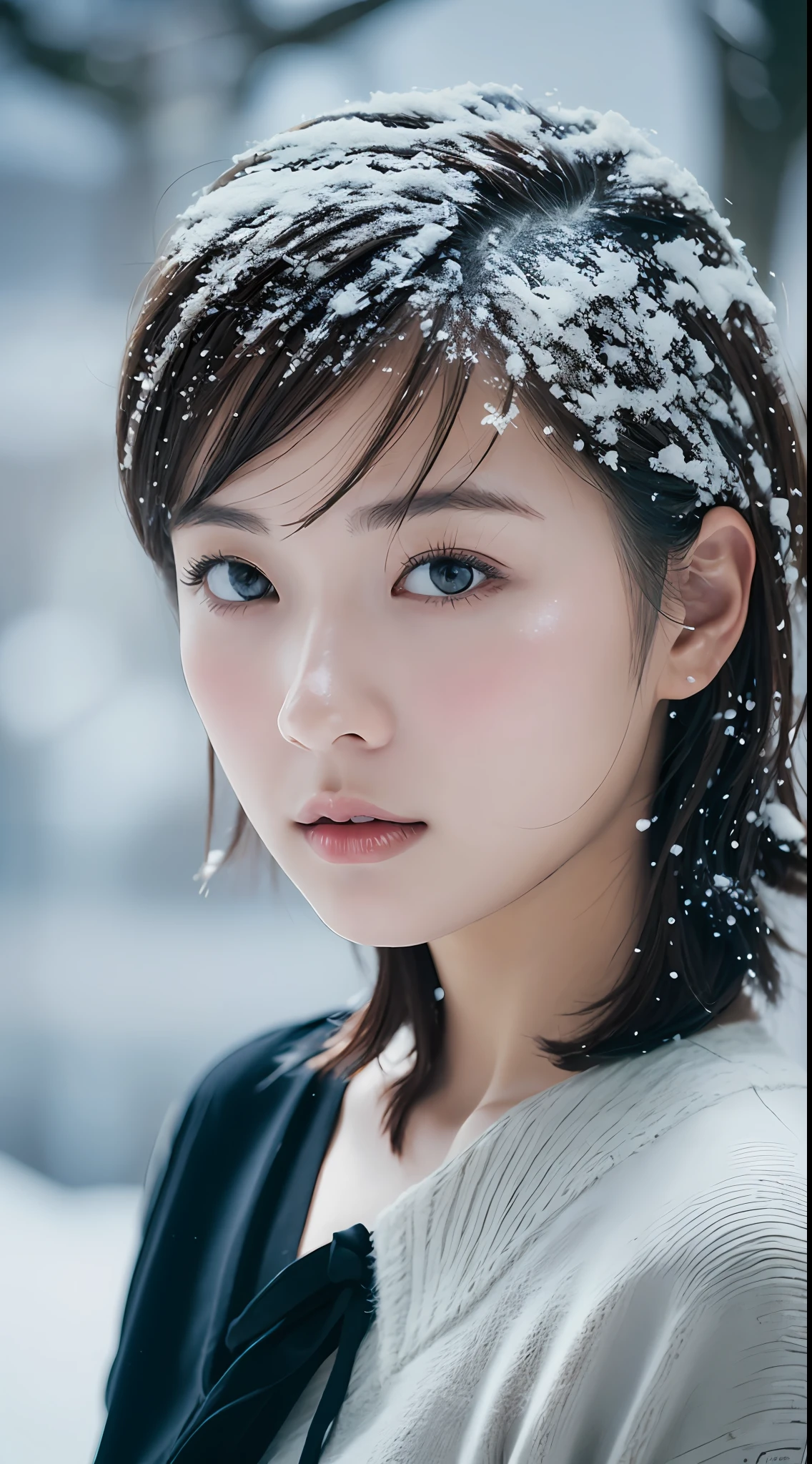 Film still, mid shot, extremely low angle, Fashion Photography, a very pretty and pure japanese girl, short hair, realistic skin texture, snow, cold, Low saturation, grey sky, masterpiece, global illumination