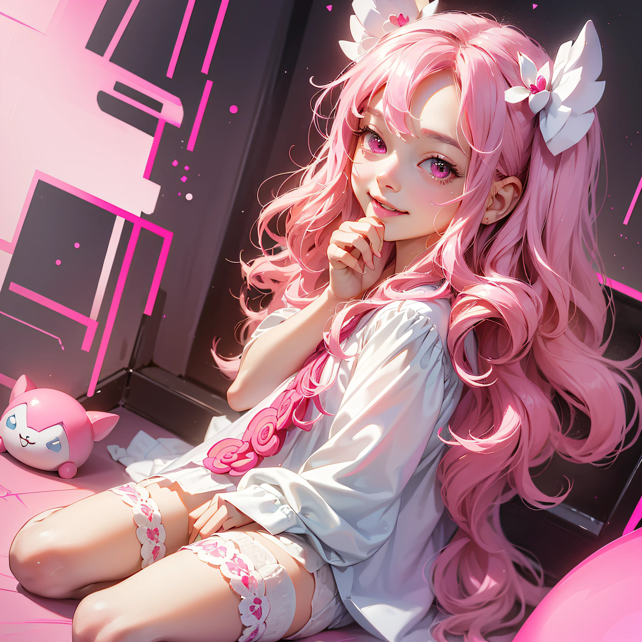 (Style loli, bright light, best image quality), (mood cute, mood happy, wavy hair, white stockings, pink hair: 1.3+ pink eyes: 1.2, flat chest, cute face, low angle), bright background, sweet and seductive.