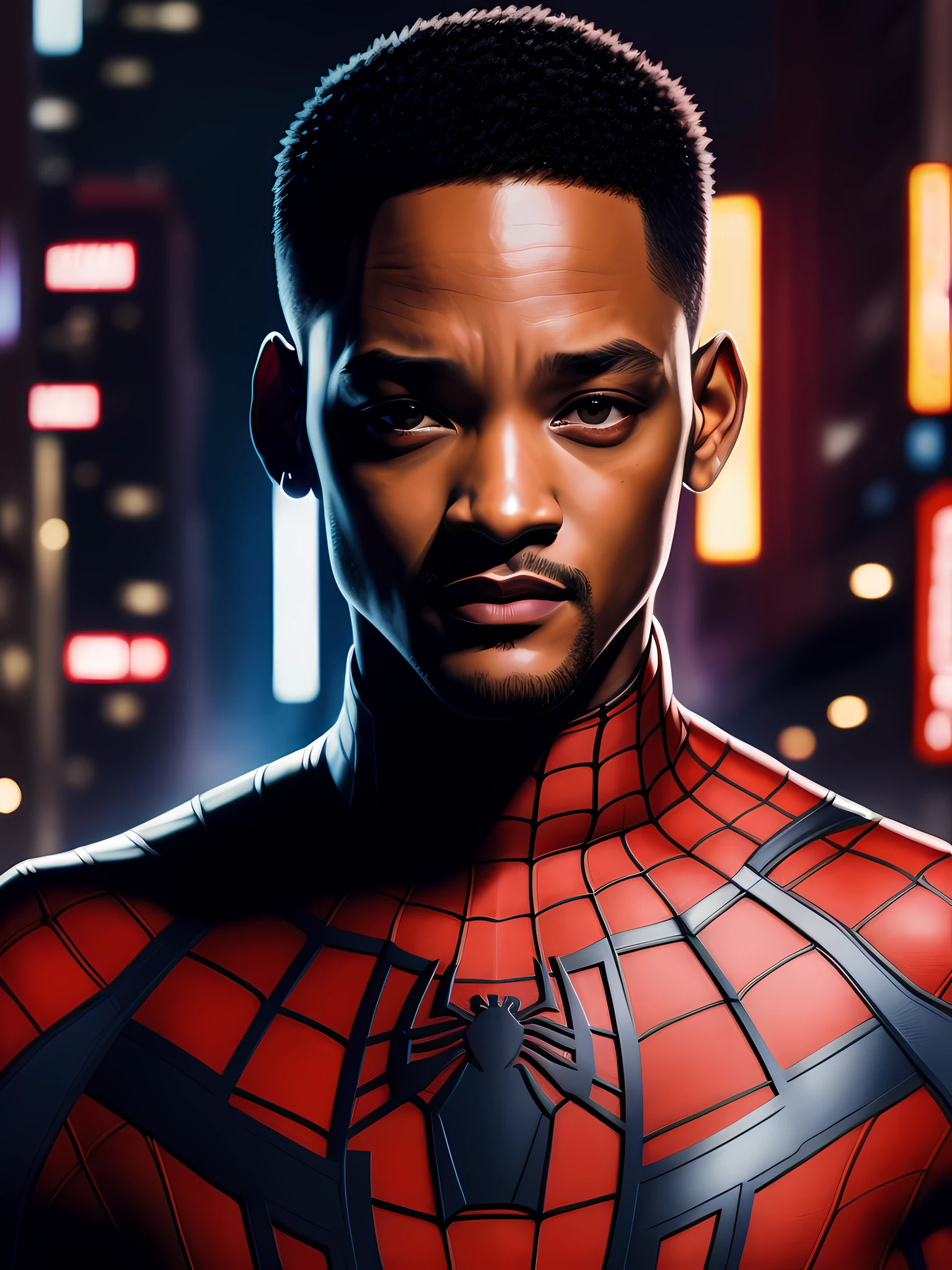 . .Tarantino style Will Smith as spider man 8k, high definition, detailed face, detailed face, detailed eyes, detailed suit, Marvel and DC style, hyper-realistic, + cinematic plan + dynamic composition, incredibly detailed, sharpness, detail + superb details + night with light + perfectionism + award-winning realism ((soft lighting))