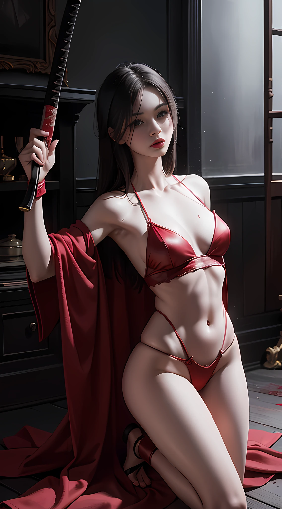 Frail sexy beautiful woman holding bloodstained katana support, covered in blood, lying in a broken room full of firelight, realistic fantasy rendering, ultra-realistic 8k octane photos, cold colors, perfect body proportions, perfect appearance, realism